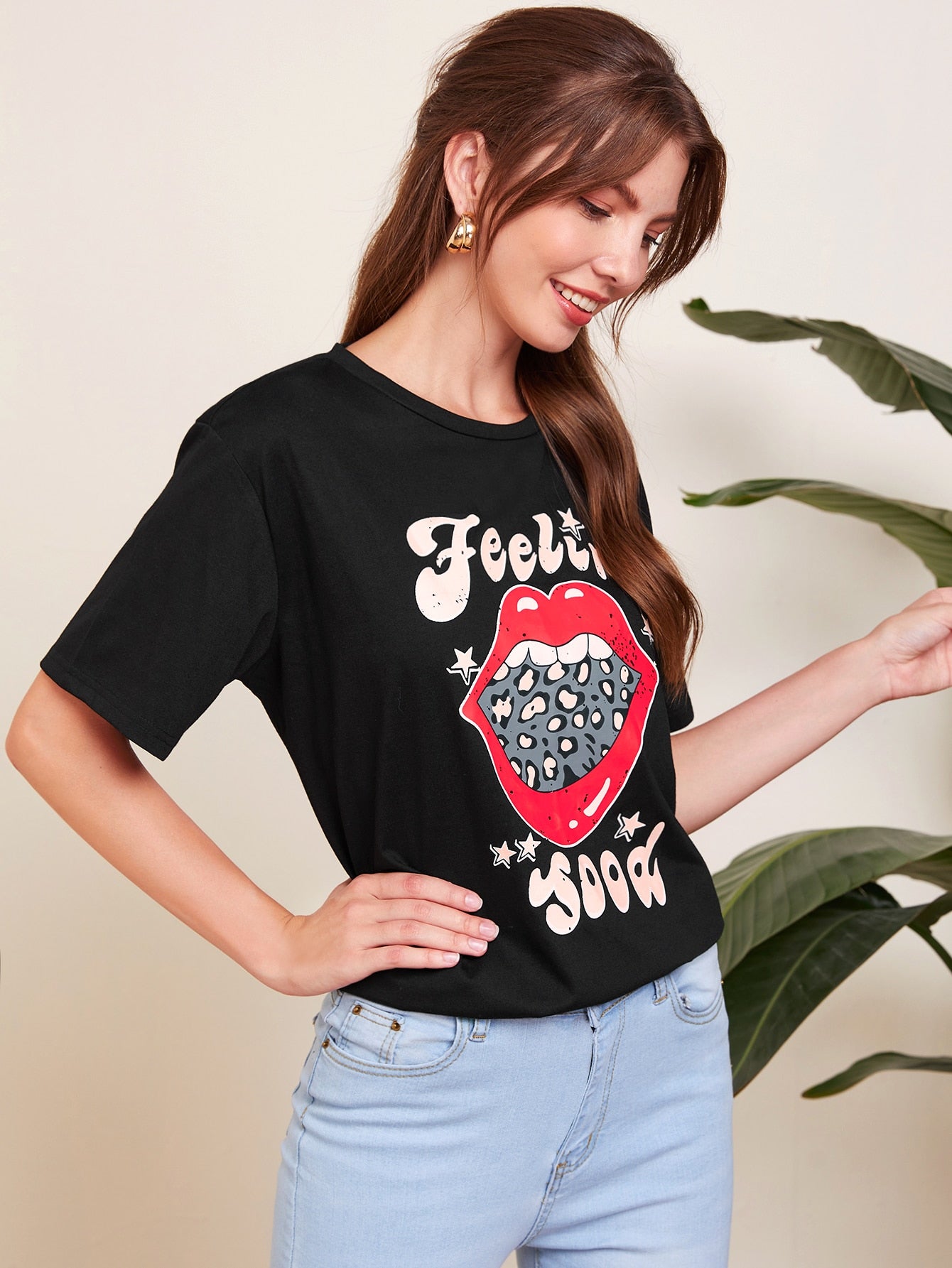 Slogan And Mouth Print Tee