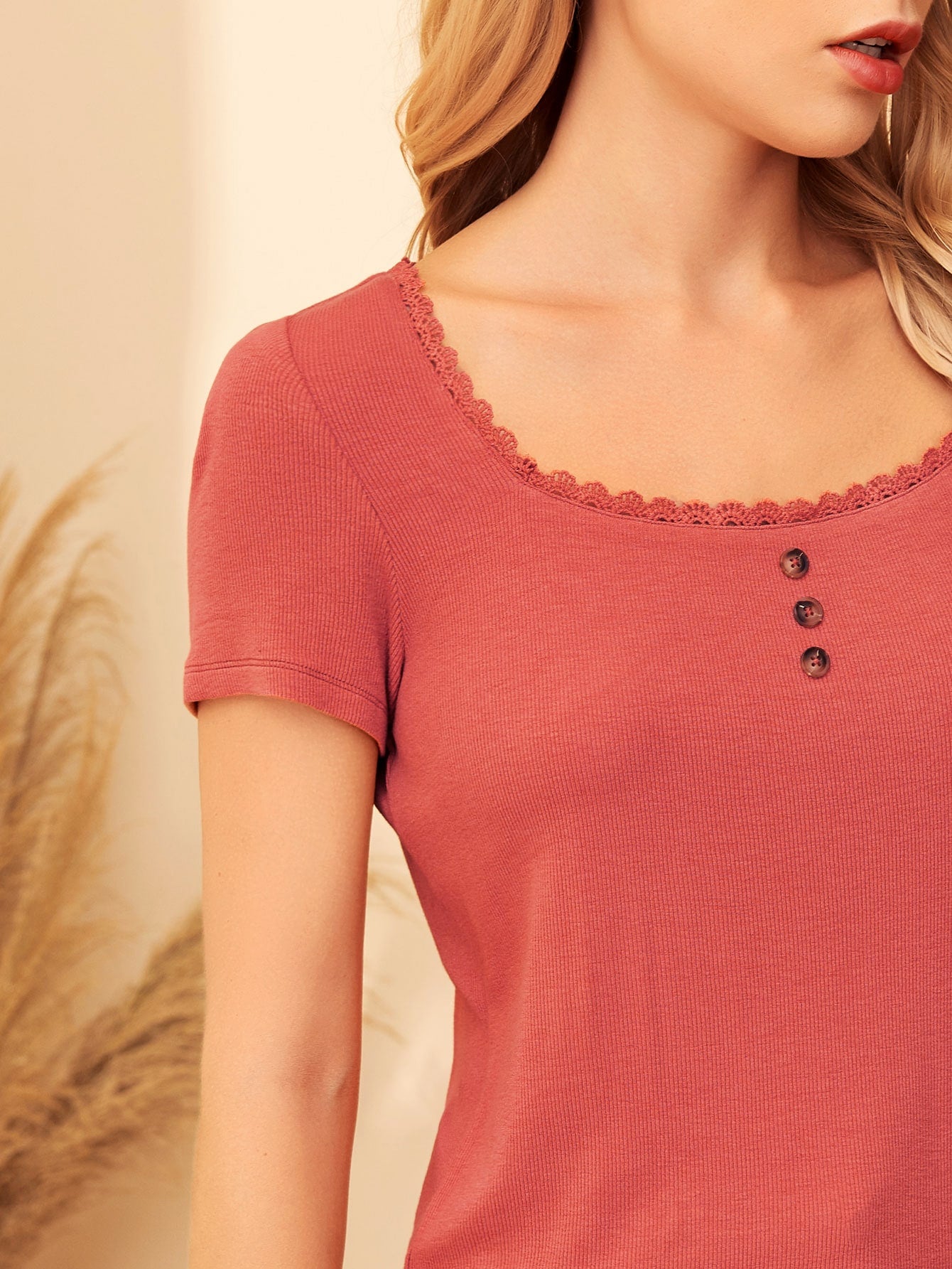 Guipure Lace Trim Button Front Solid Tee