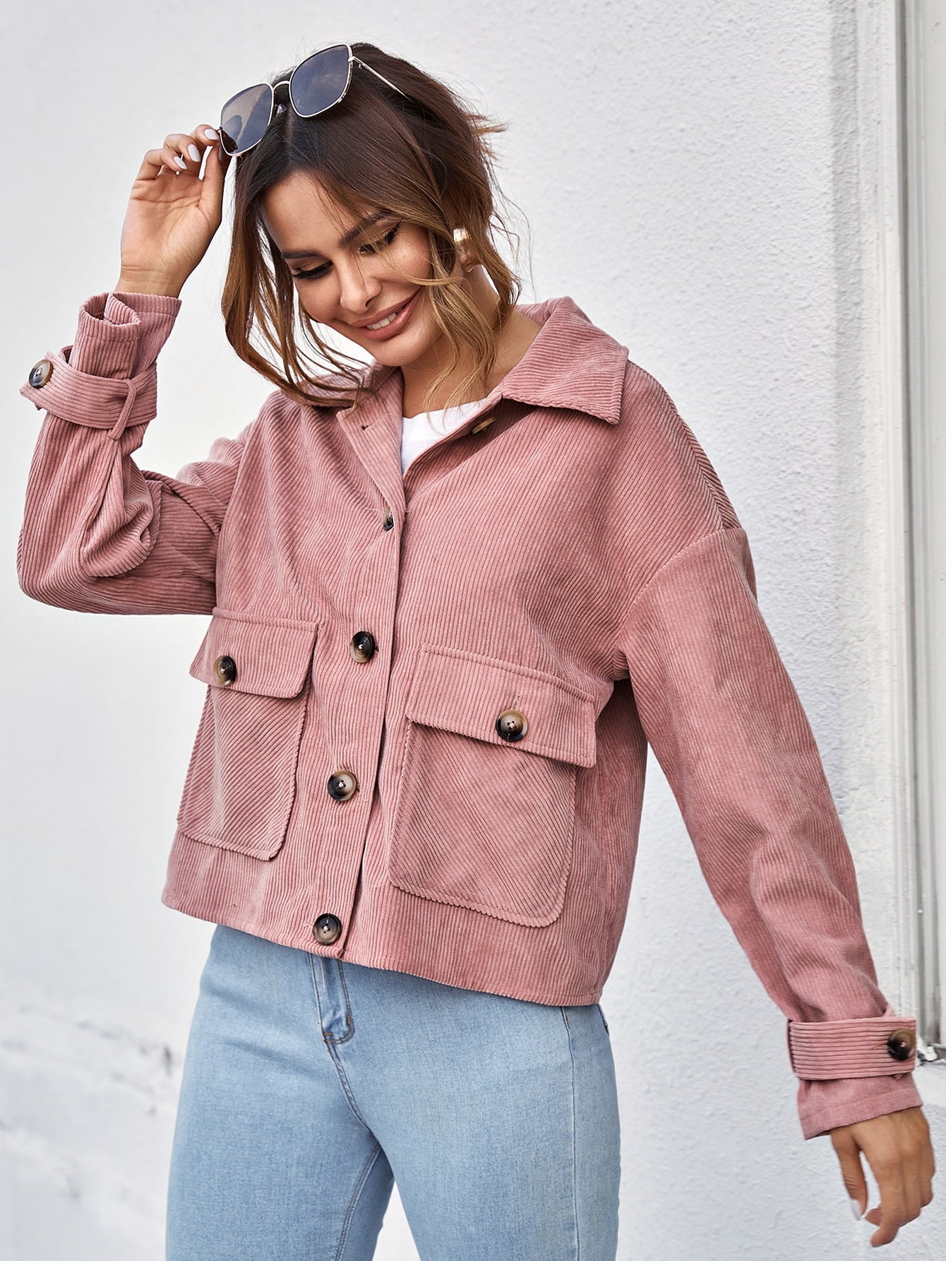 Collared Buttoned Front Pocket Patched Cord Jacket