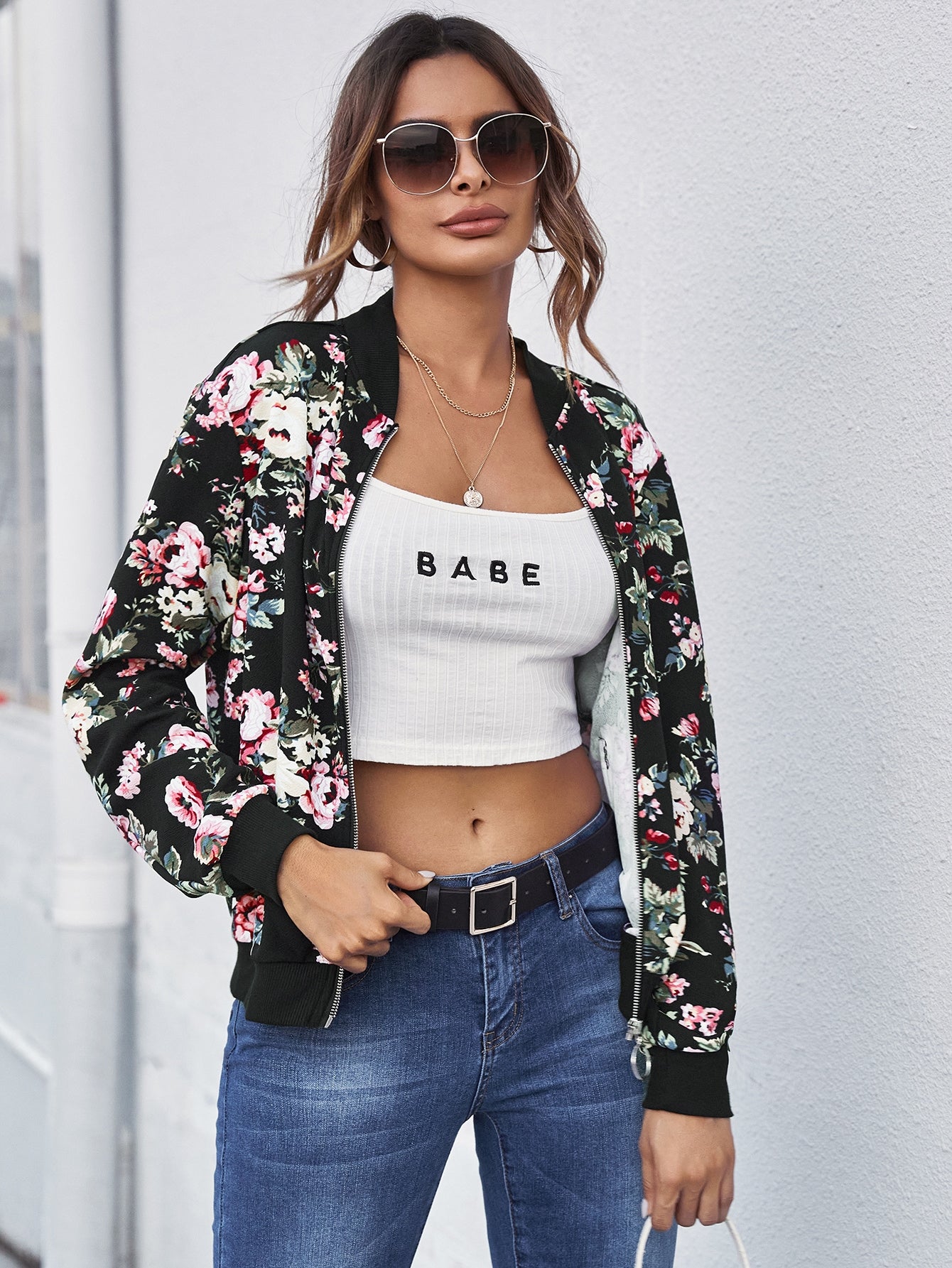 Zip Up Floral Print Bomber Jacket