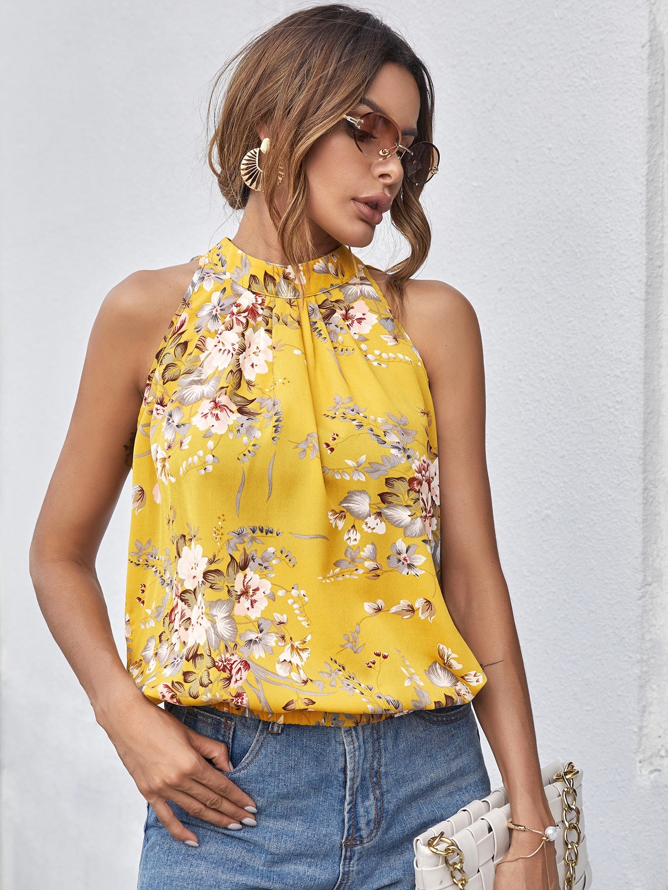 Mock-Neck Gathered Front Floral Top