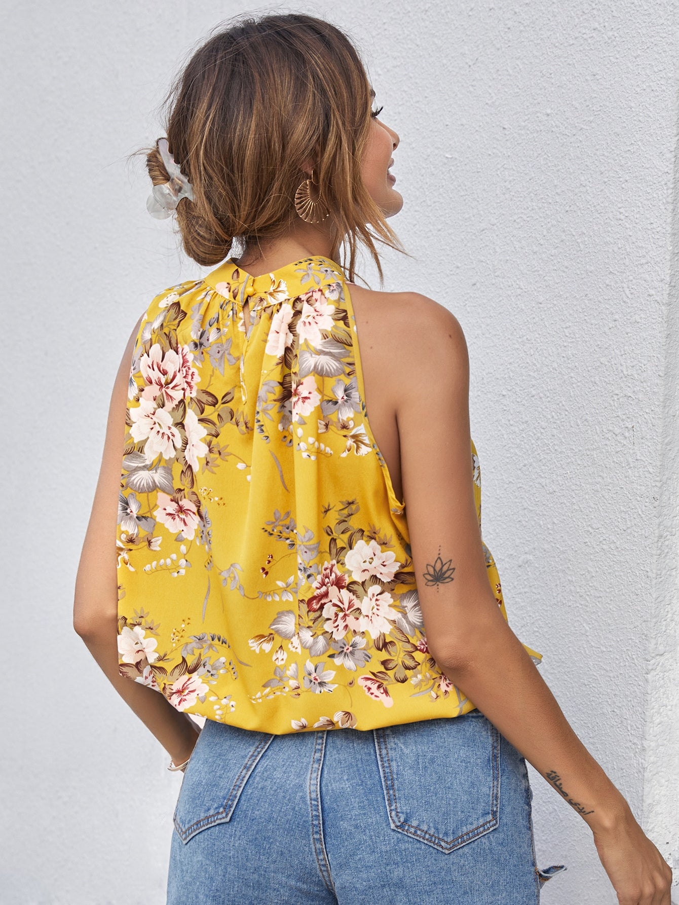 Mock-Neck Gathered Front Floral Top