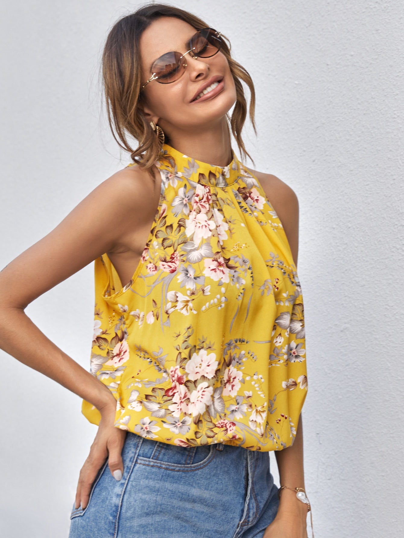 Mock-Neck Gathered Front Floral Top