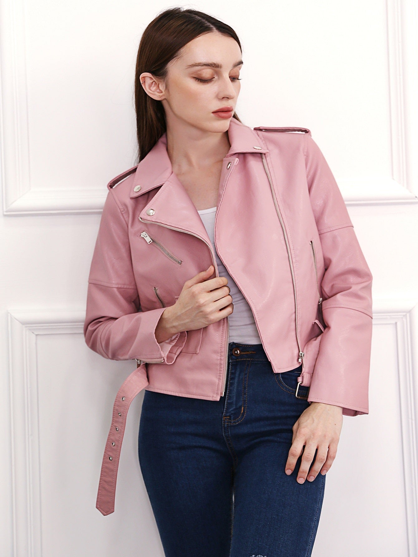 Lapel Neck PU Leather Biker Jacket