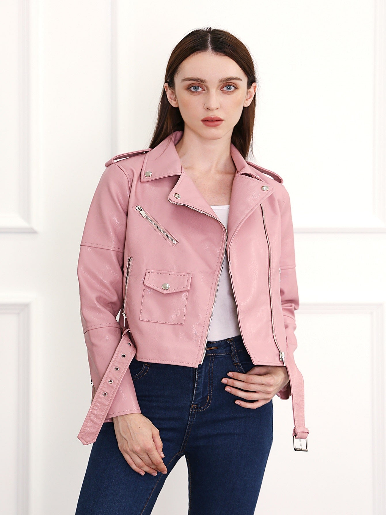 Lapel Neck PU Leather Biker Jacket