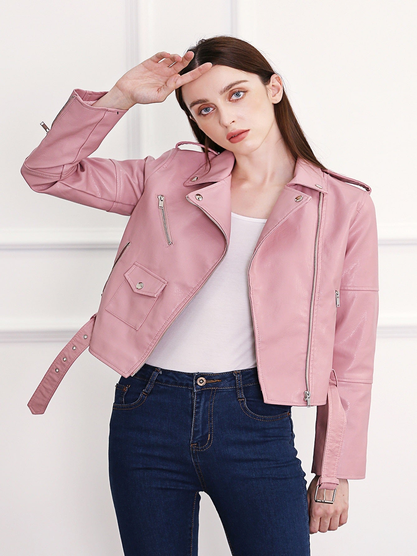 Lapel Neck PU Leather Biker Jacket