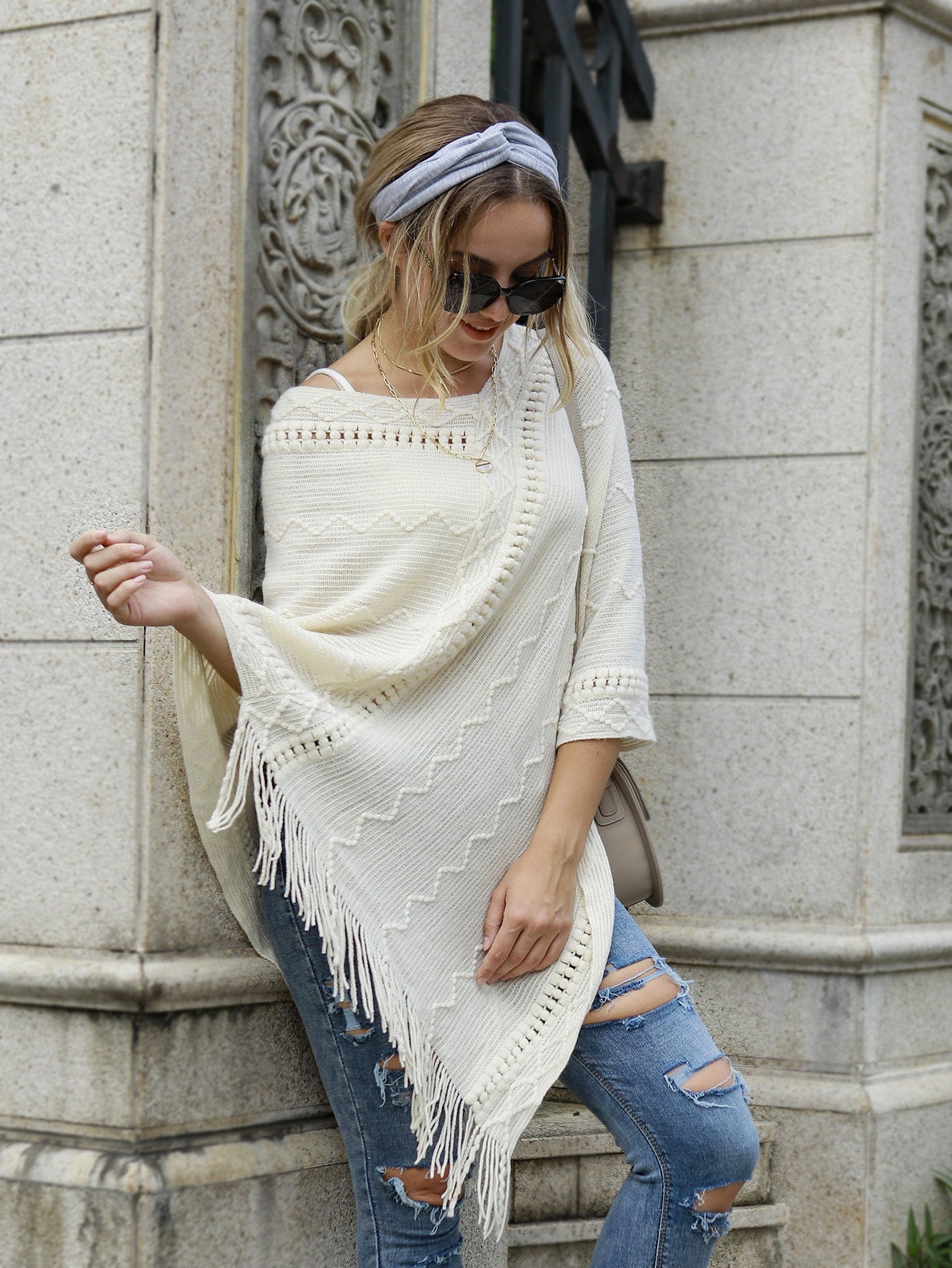 Fringe Trim Pom Pom Detail Rib-knit Poncho Sweater