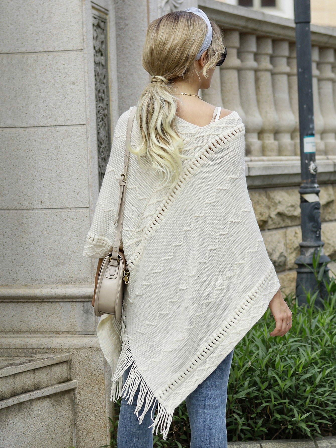Fringe Trim Pom Pom Detail Rib-knit Poncho Sweater