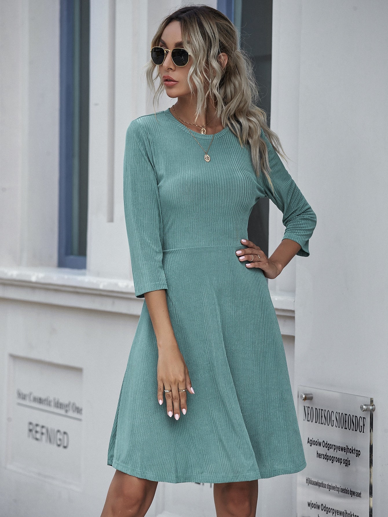 Solid Rib-knit Crew Neck A-line Dress