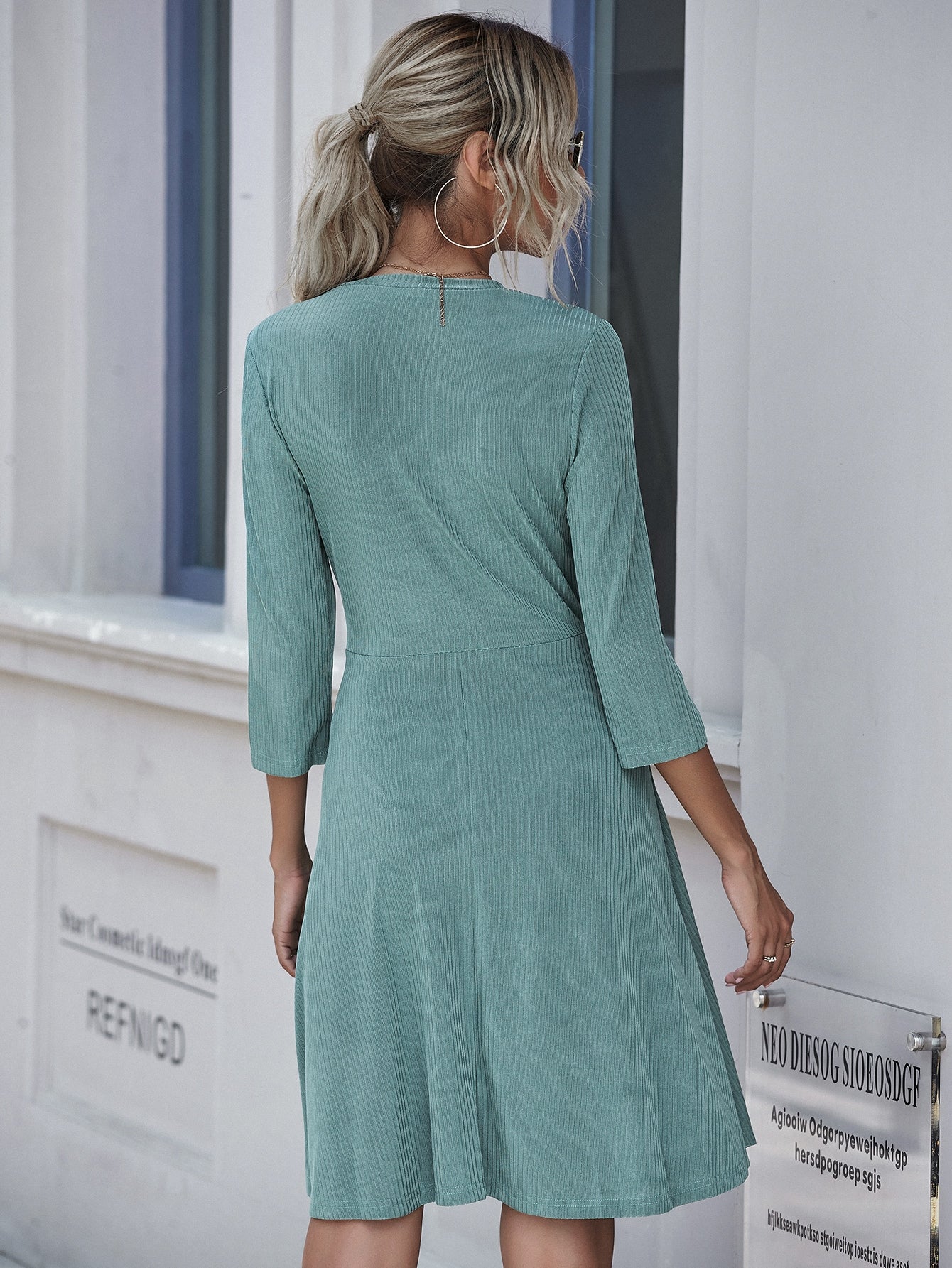 Solid Rib-knit Crew Neck A-line Dress