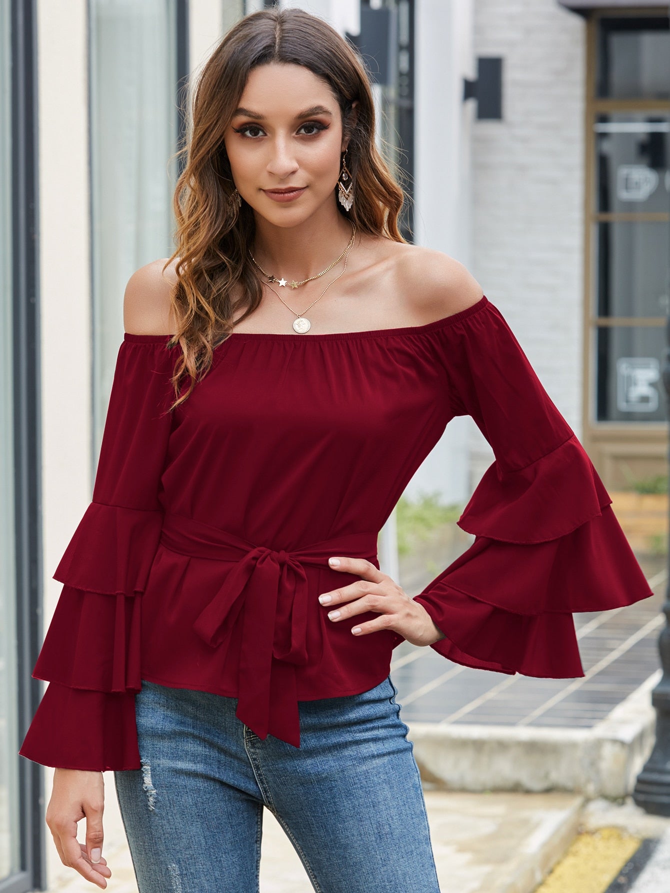 Solid Belted Layered Sleeve Bardot Blouse