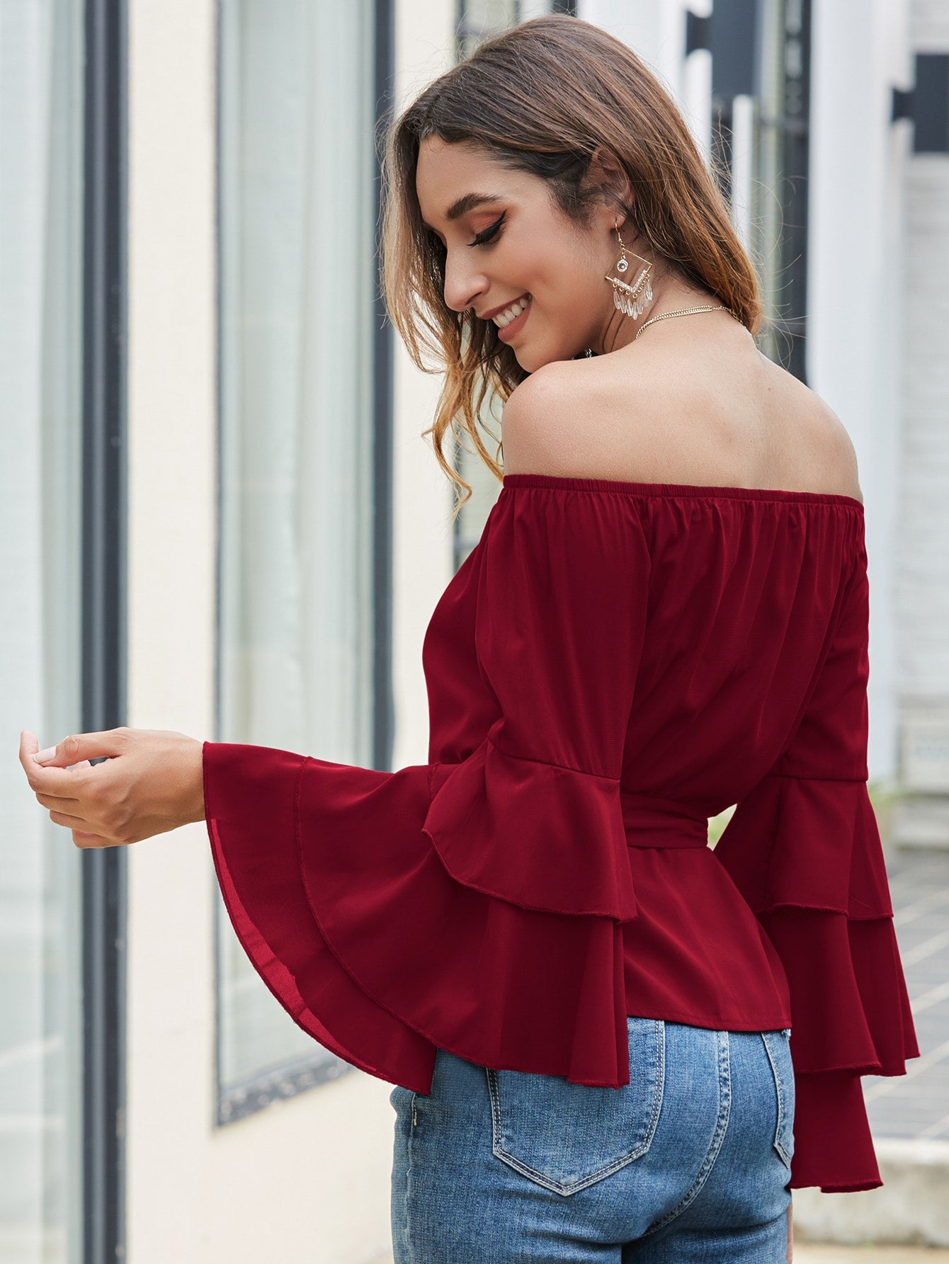 Solid Belted Layered Sleeve Bardot Blouse