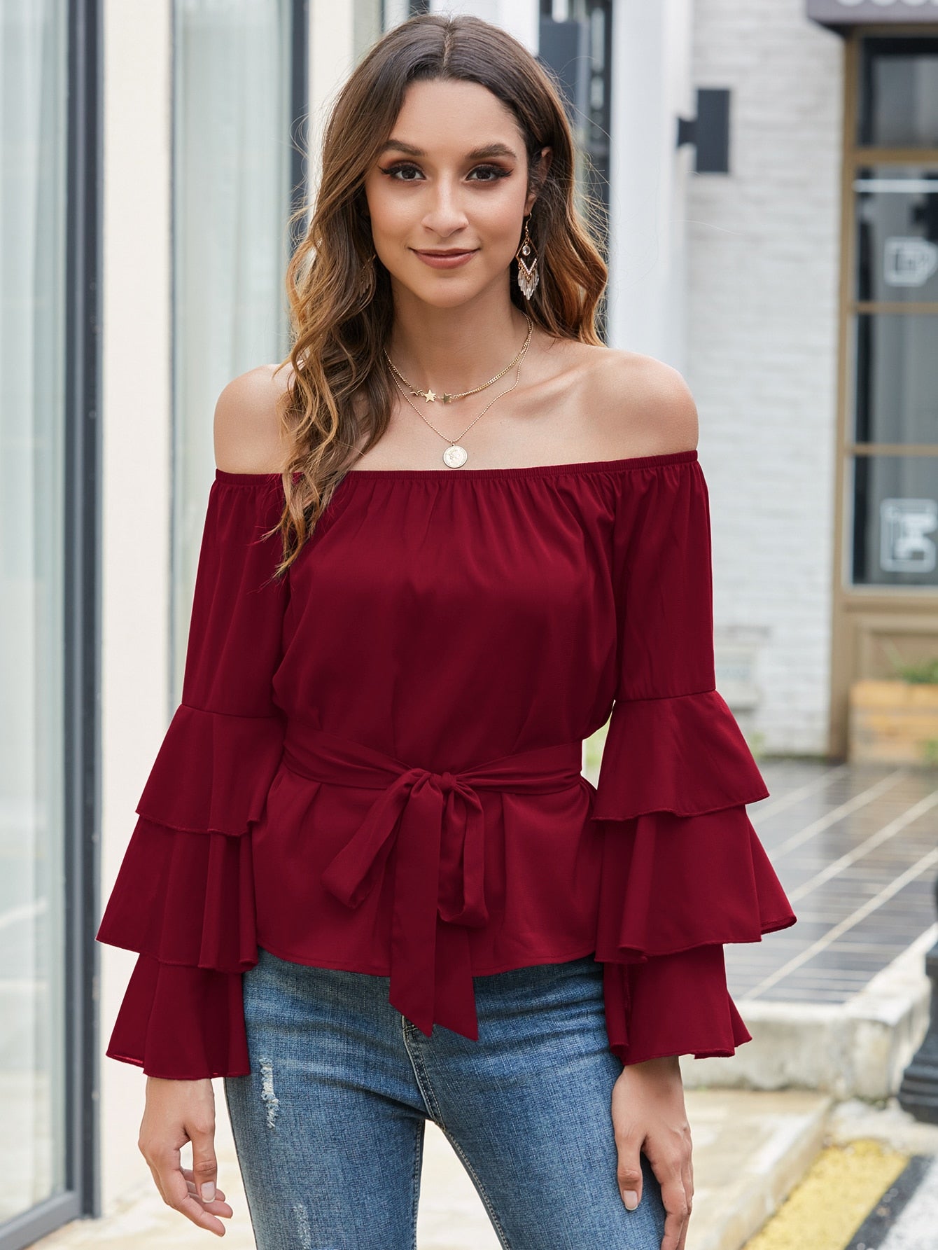 Solid Belted Layered Sleeve Bardot Blouse