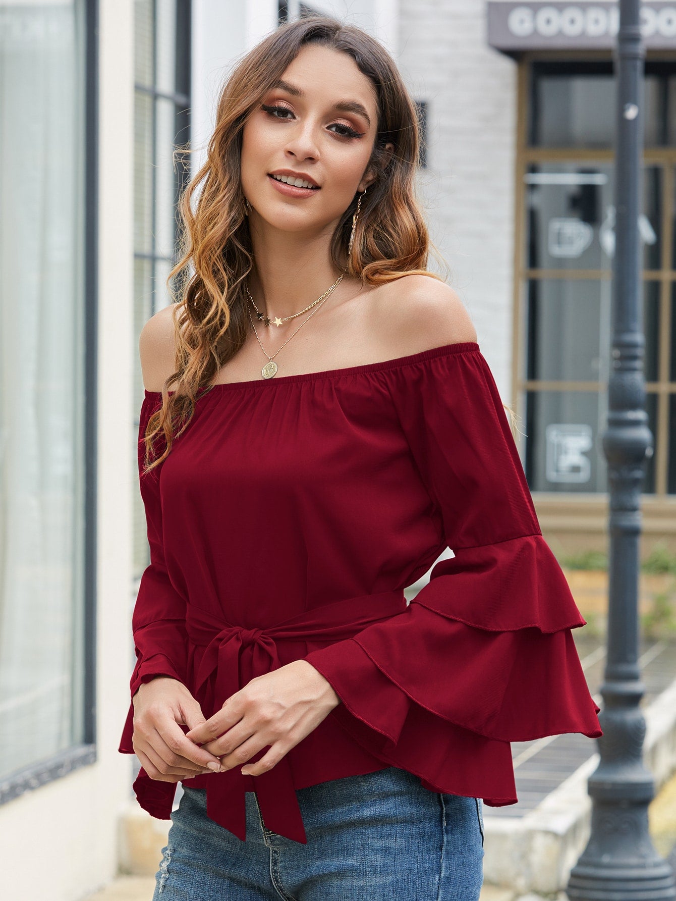 Solid Belted Layered Sleeve Bardot Blouse
