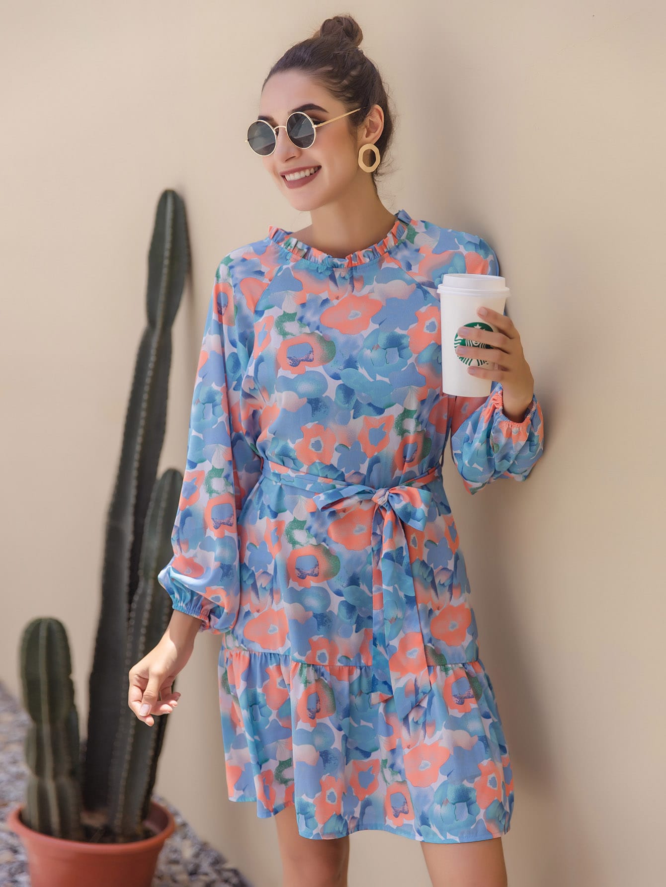 Allover Floral Frill Neck Belted A-line Dress