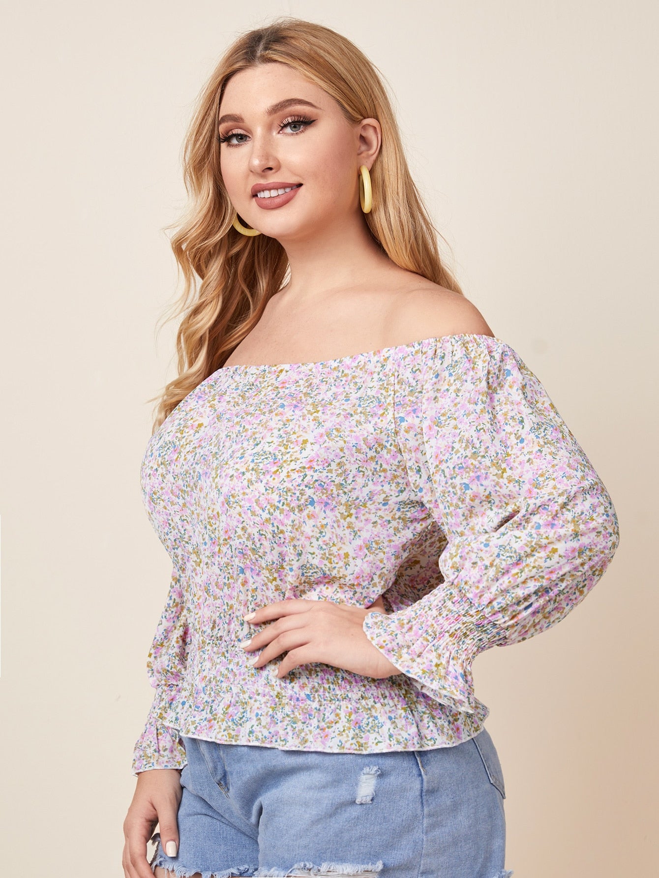 Plus Ditsy Floral Shirred Waist Bardot Top