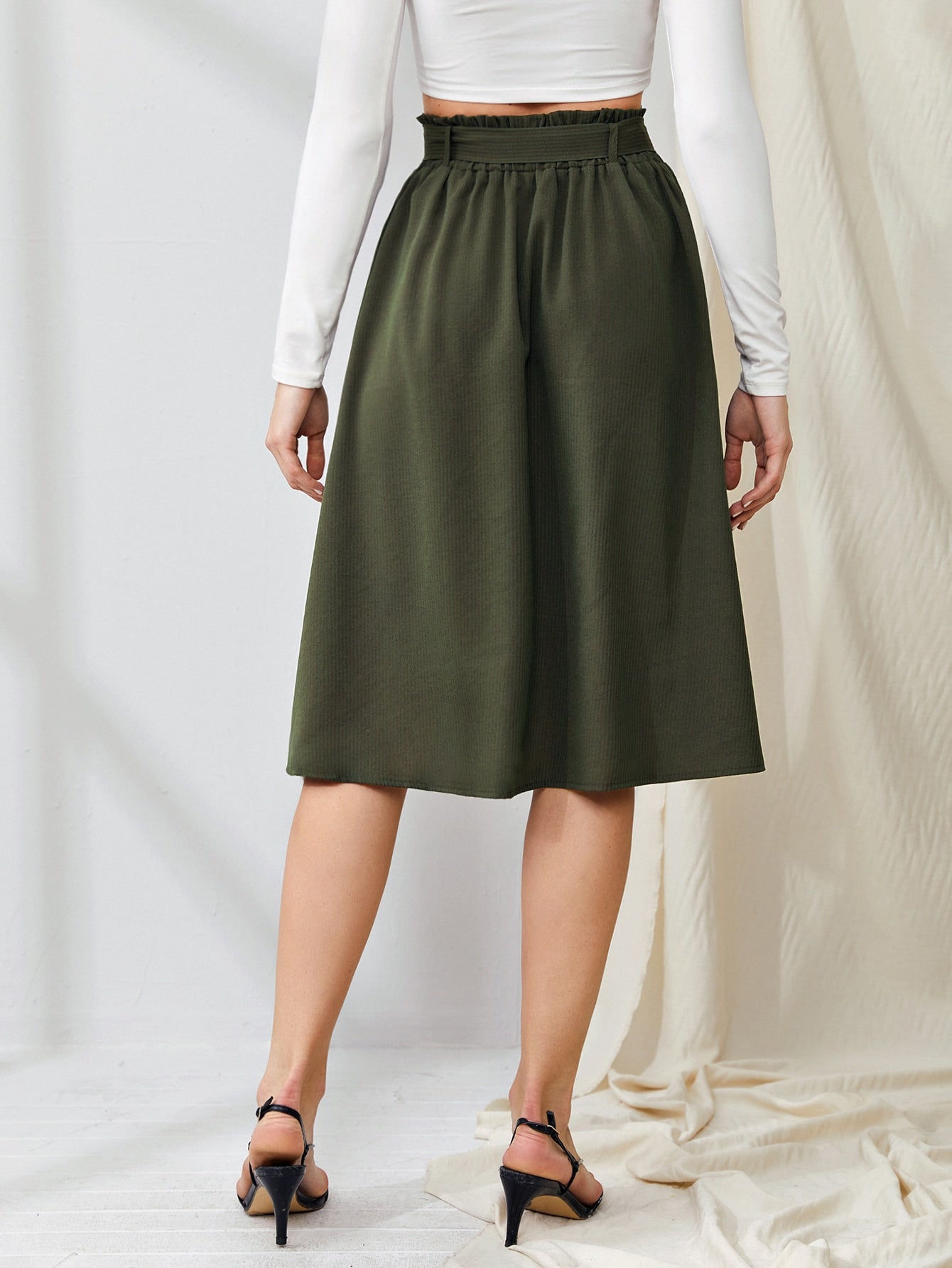 Button Front Self Tie Flared Skirt