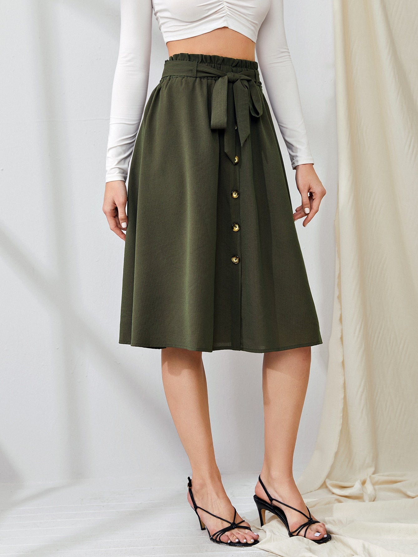 Button Front Self Tie Flared Skirt