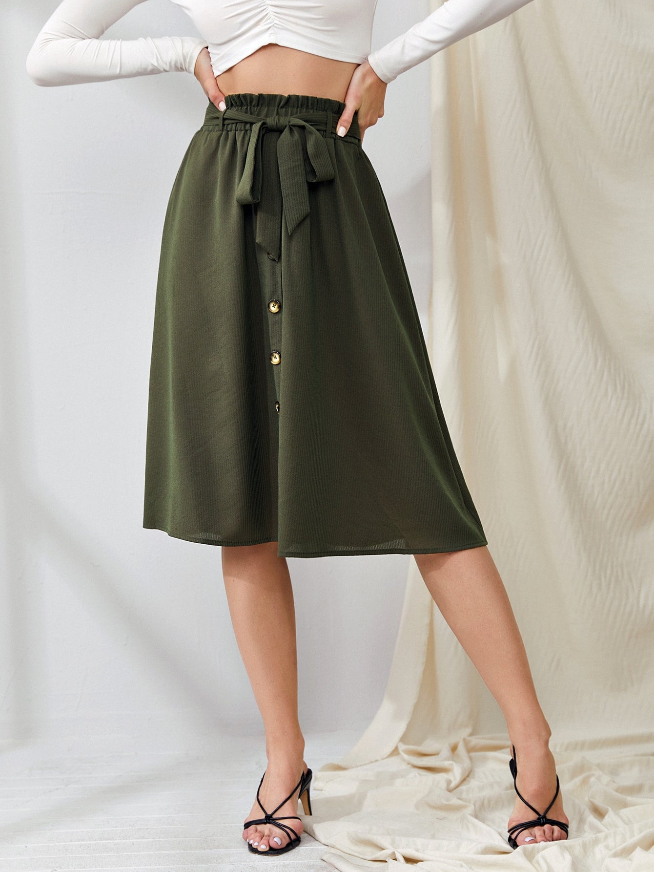 Button Front Self Tie Flared Skirt