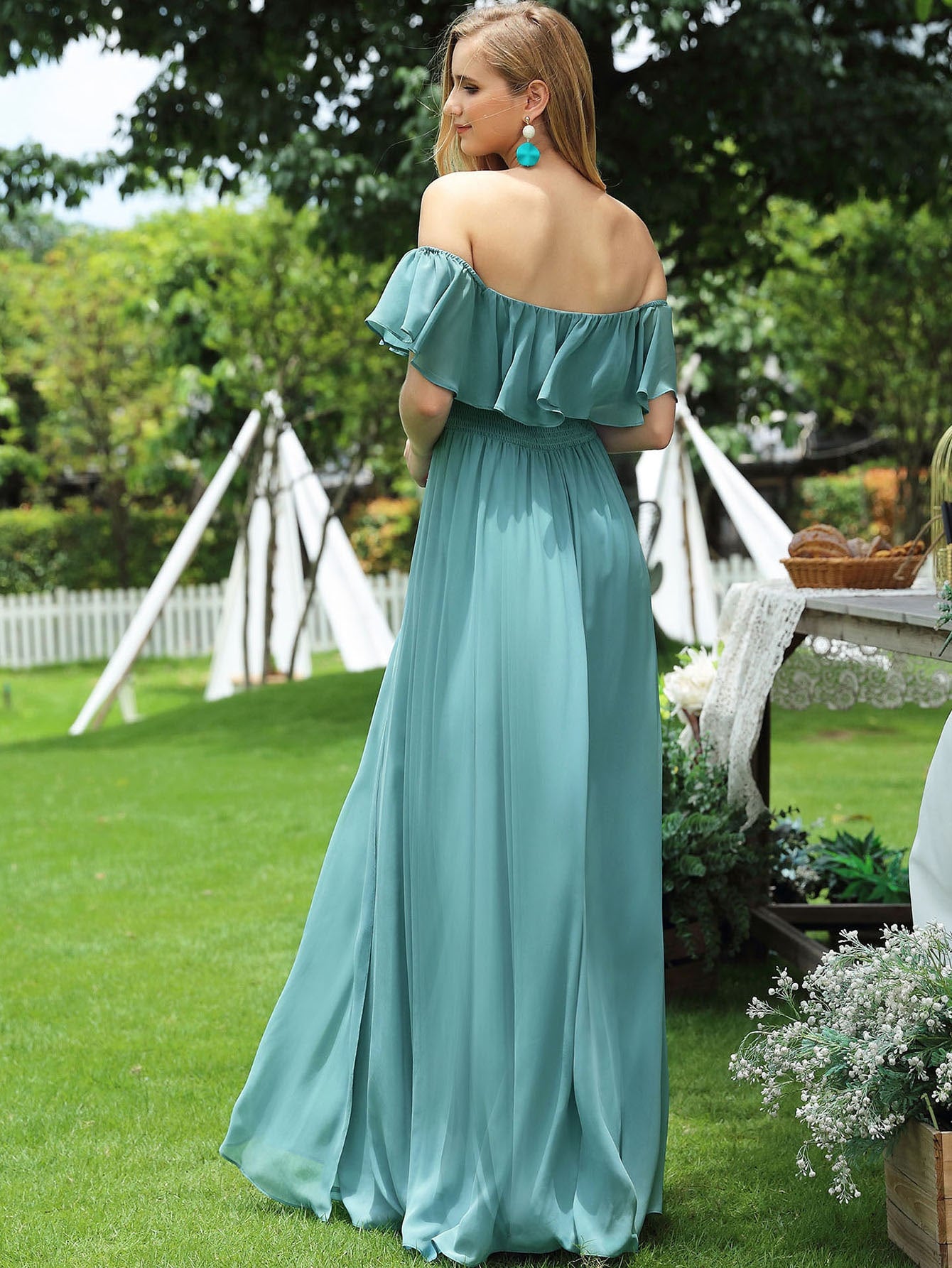 Flounce Off Shoulder Split Prom Dress