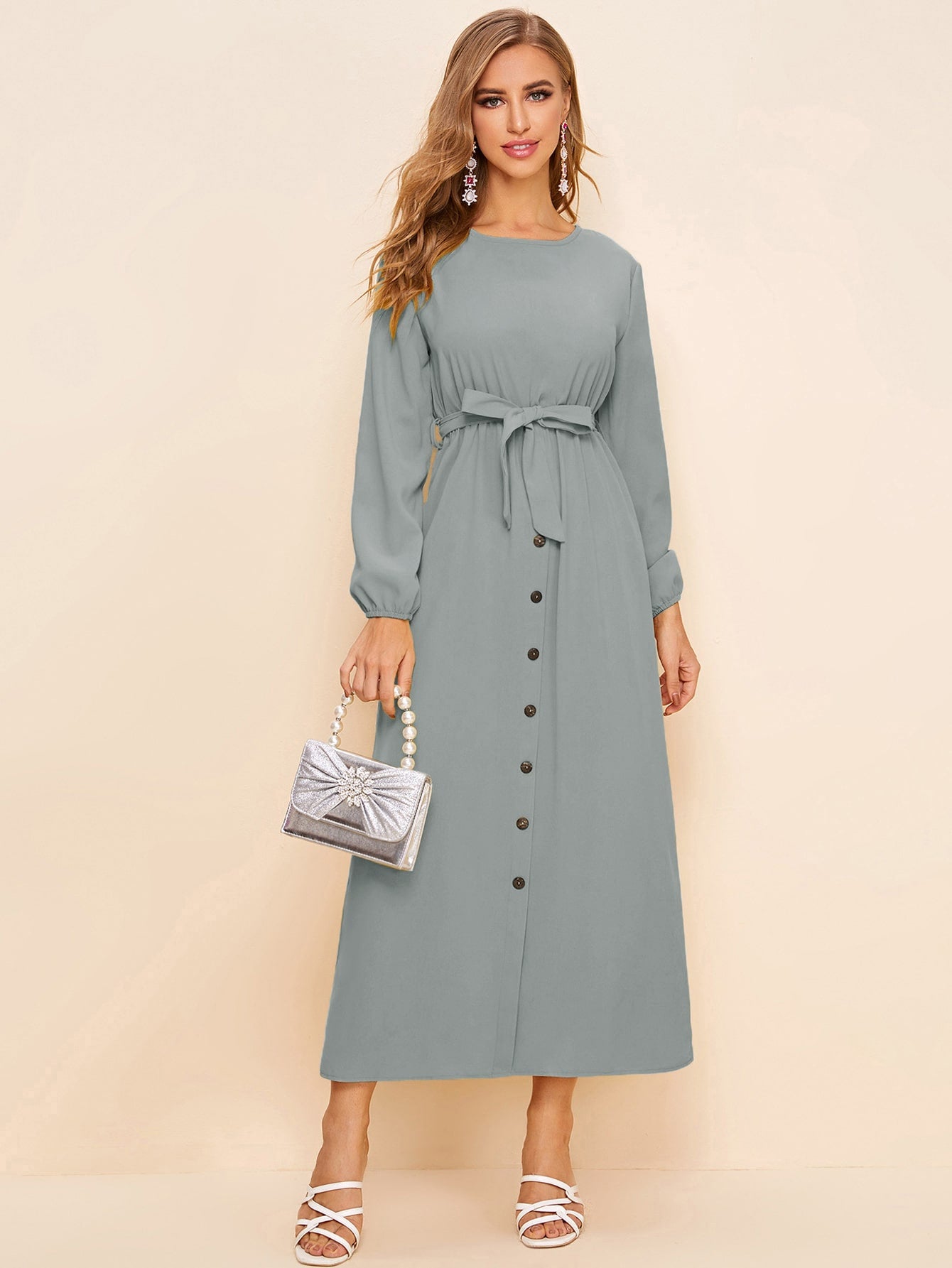 Button Front Keyhole Back Belted Long Dress
