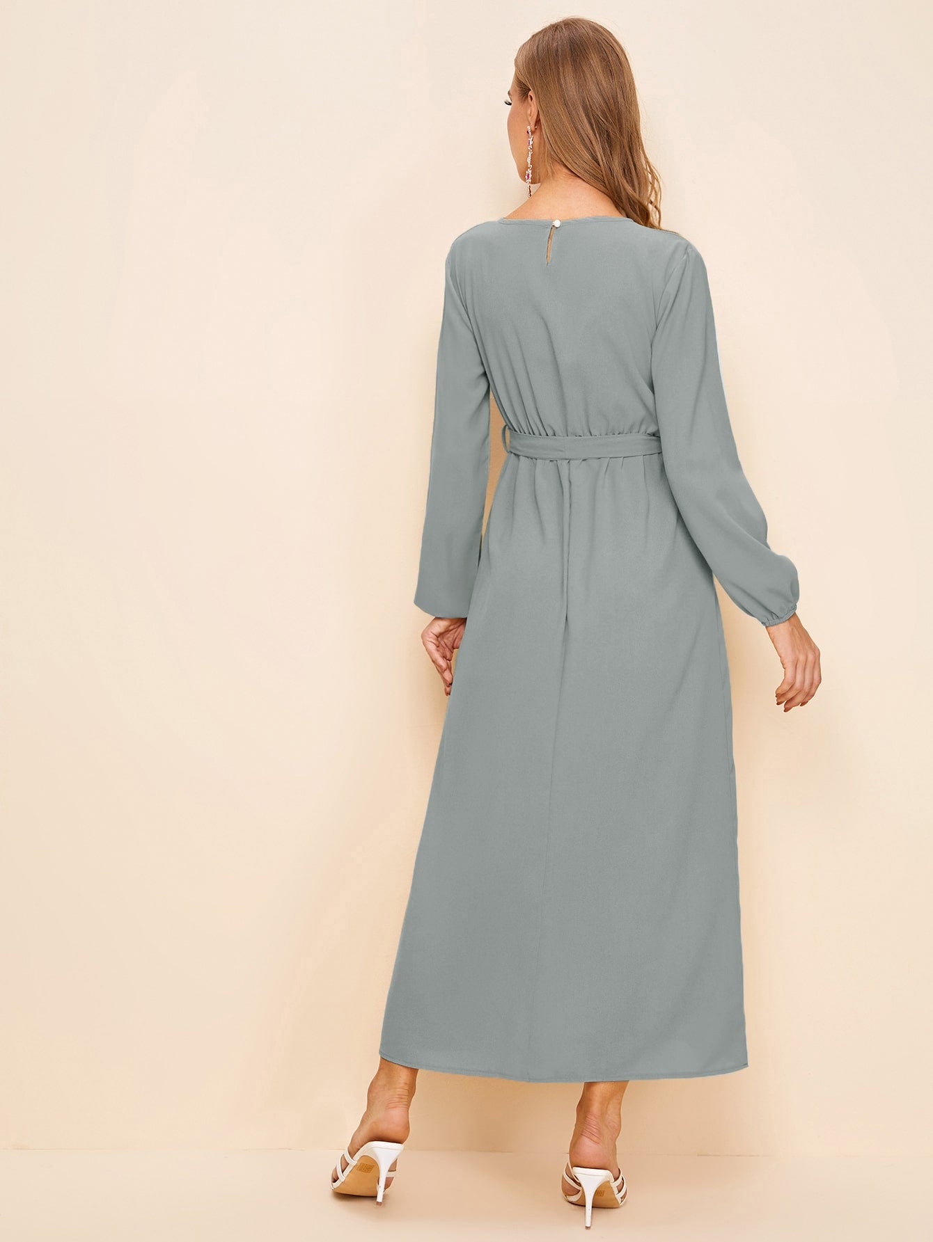 Button Front Keyhole Back Belted Long Dress
