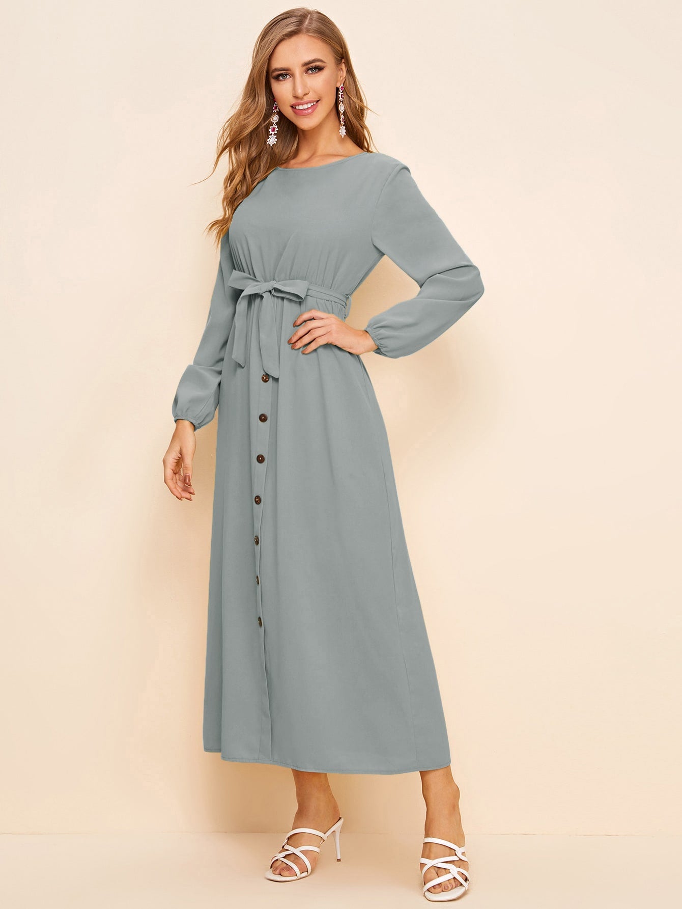Button Front Keyhole Back Belted Long Dress