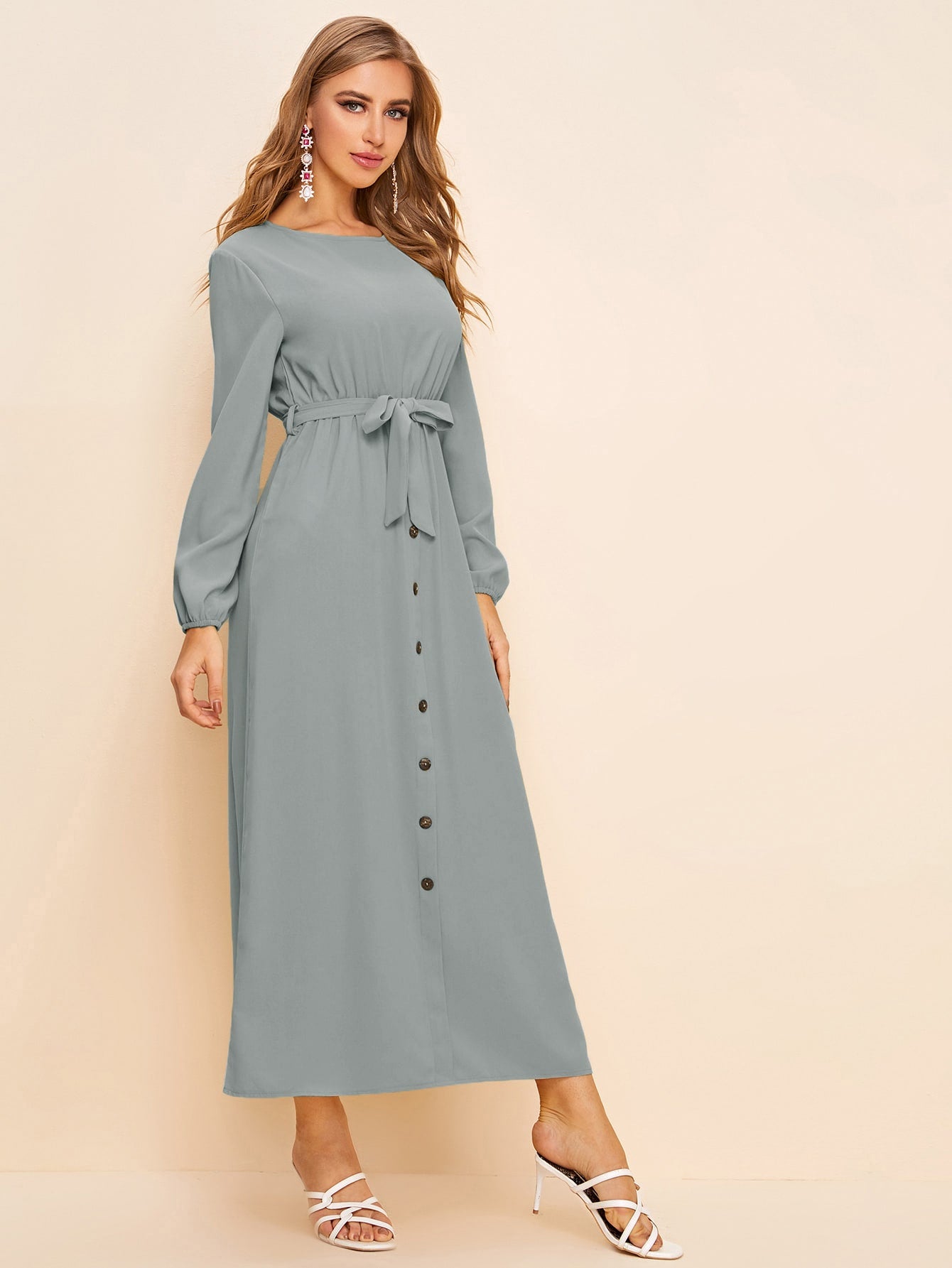 Button Front Keyhole Back Belted Long Dress