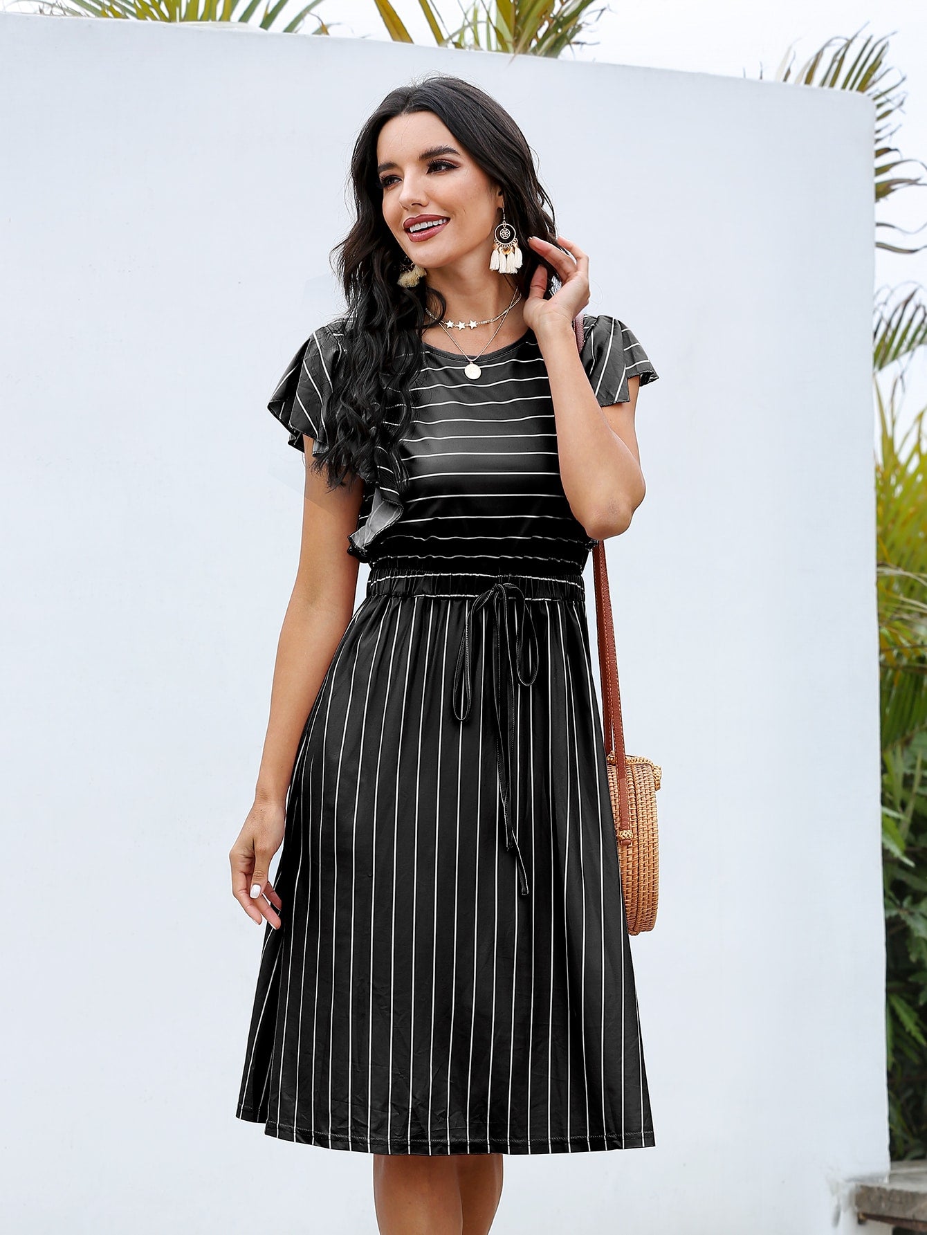 Butterfly Sleeve Striped Tie Front A-line Dress