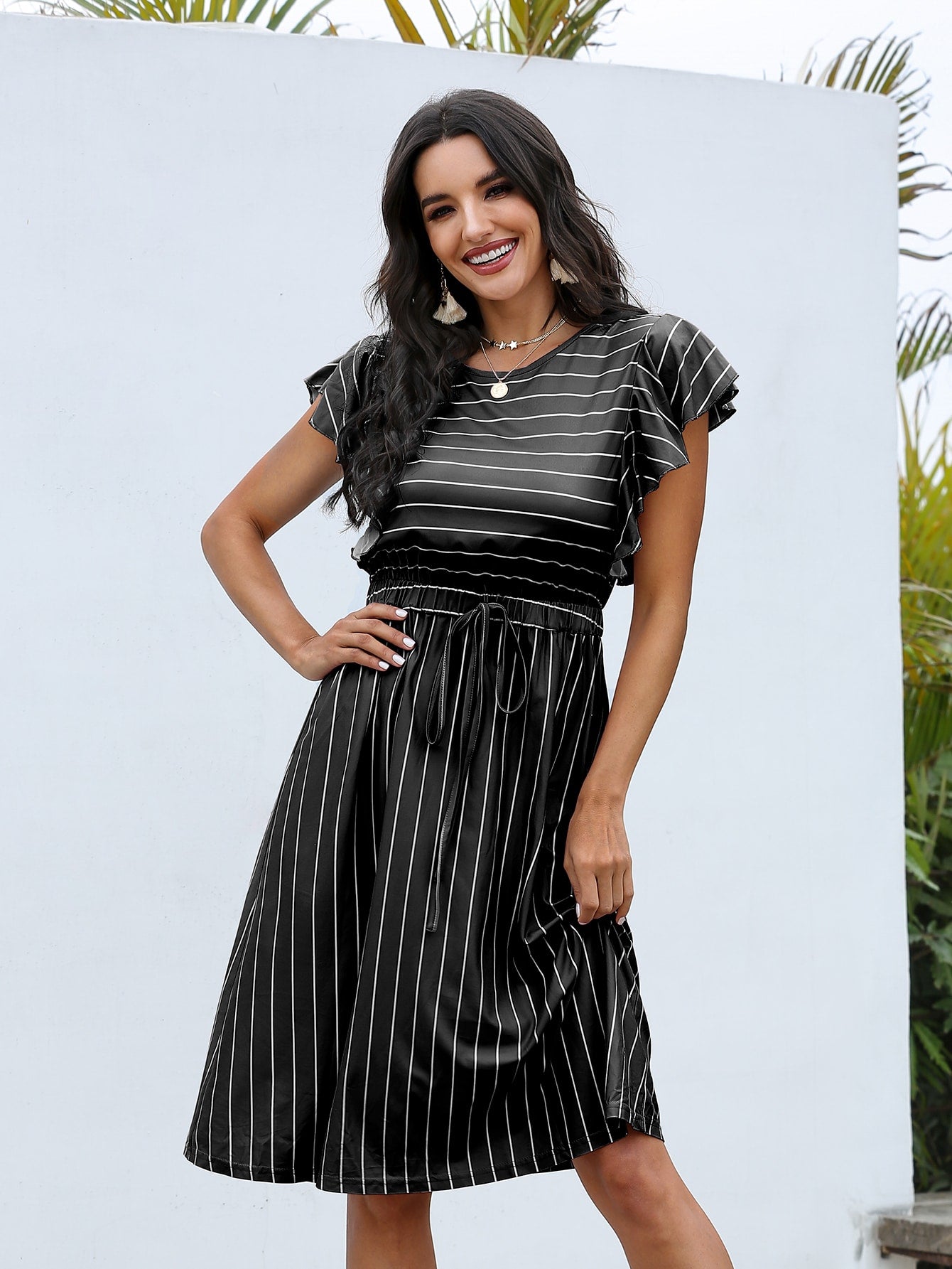 Butterfly Sleeve Striped Tie Front A-line Dress