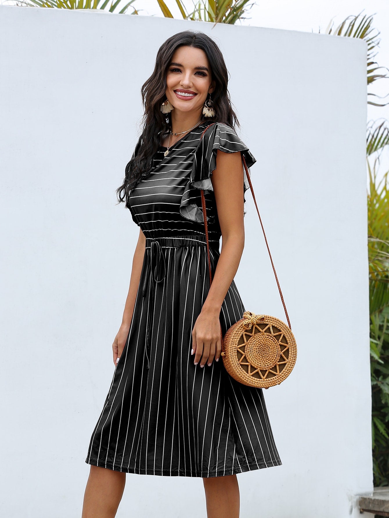 Butterfly Sleeve Striped Tie Front A-line Dress