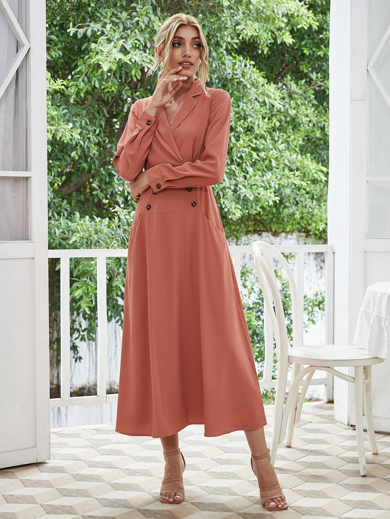 Lapel Neck Double Button Shirt Dress