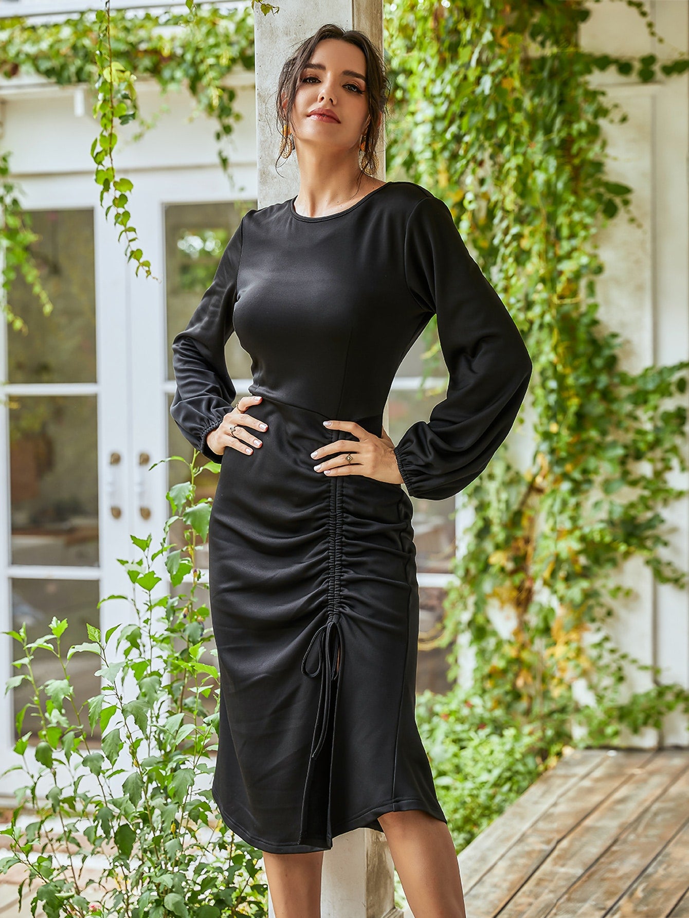Bishop Sleeve Drawstring Ruched Fitted Dress