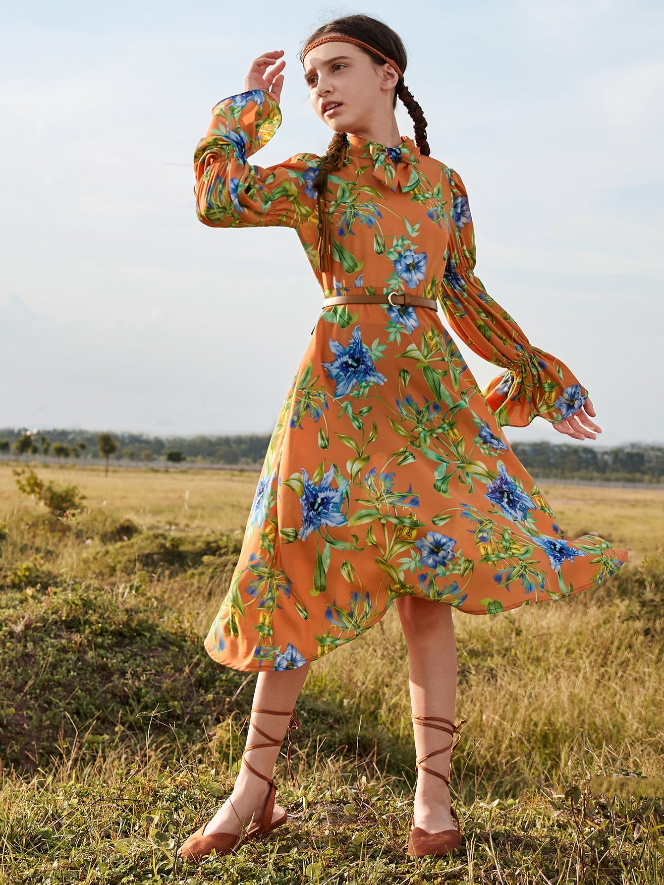 Girls Tie Neck Gathered Flounce Sleeve Floral Dress