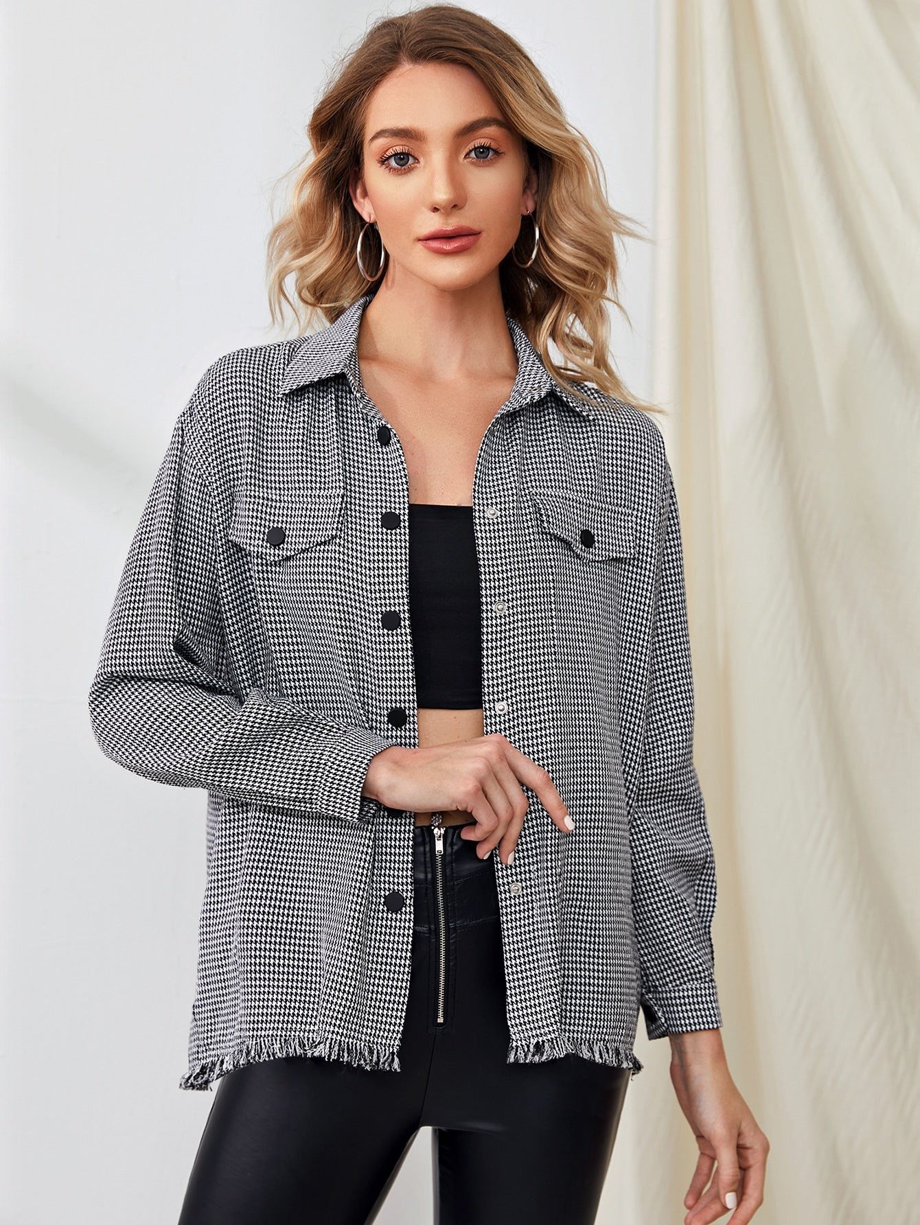 Houndstooth Flap Pocket Raw Hem Jacket