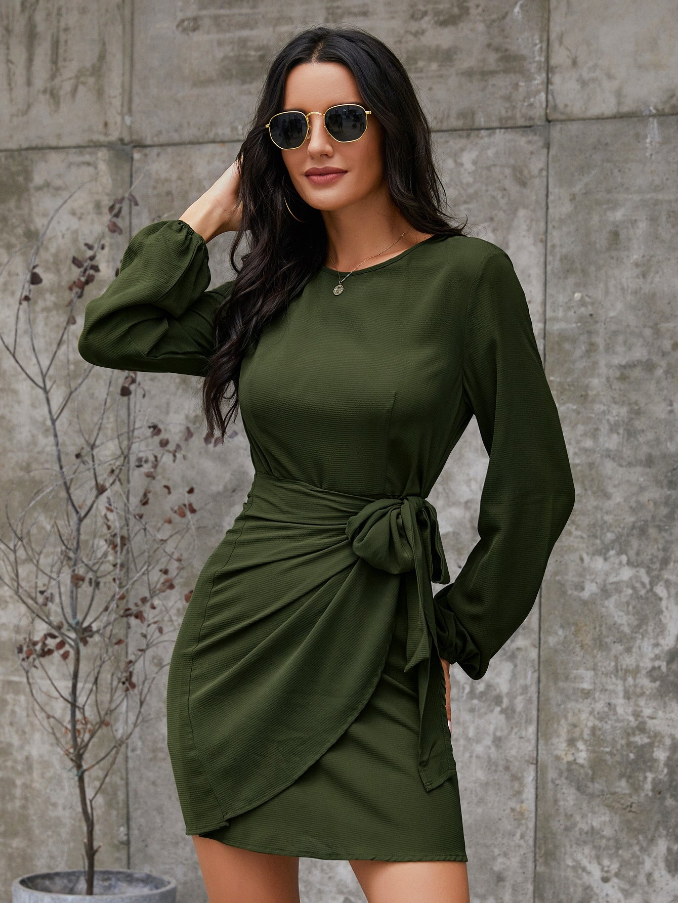 Bishop Sleeve Tie Side Wrap Dress
