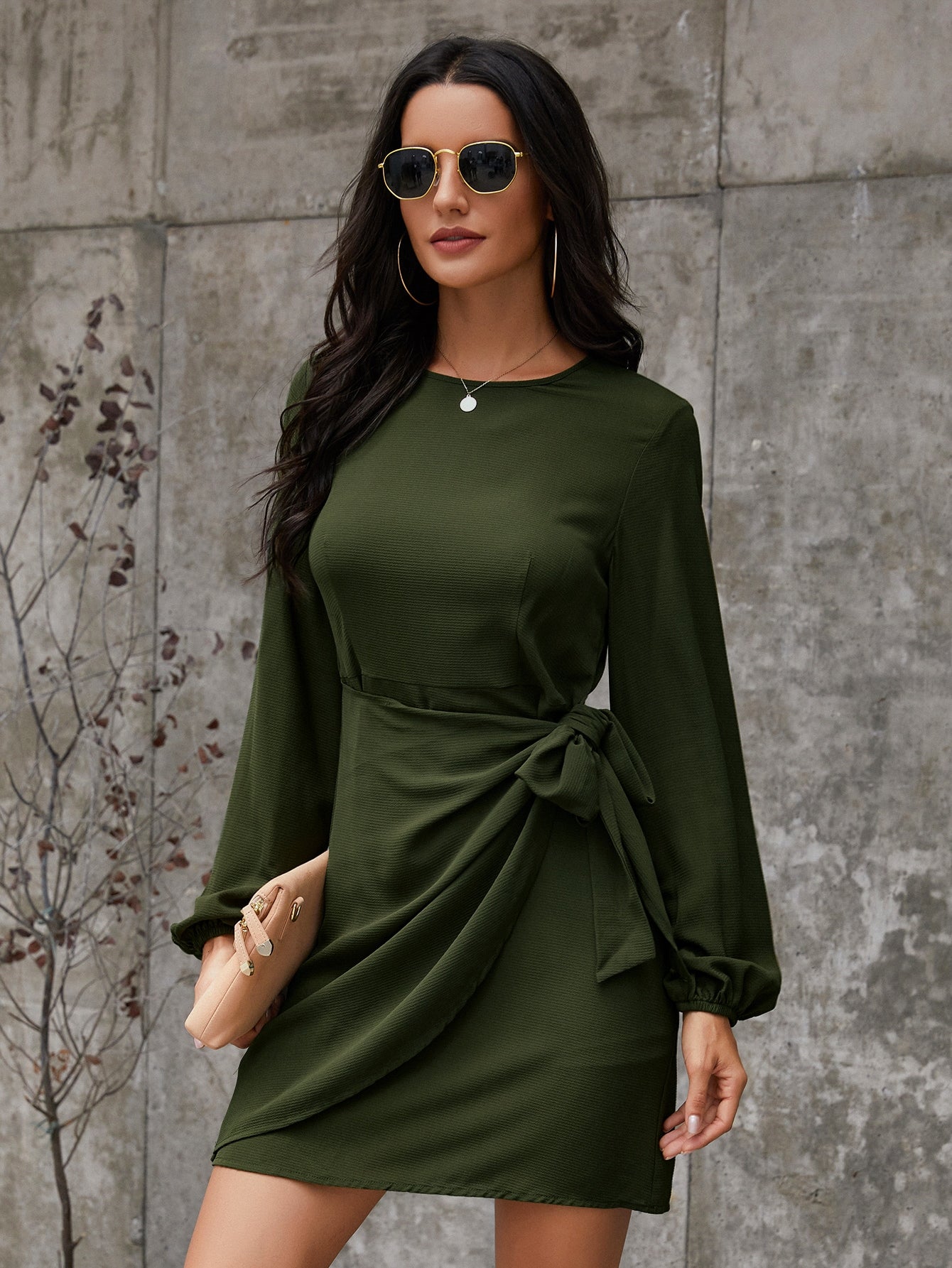 Bishop Sleeve Tie Side Wrap Dress