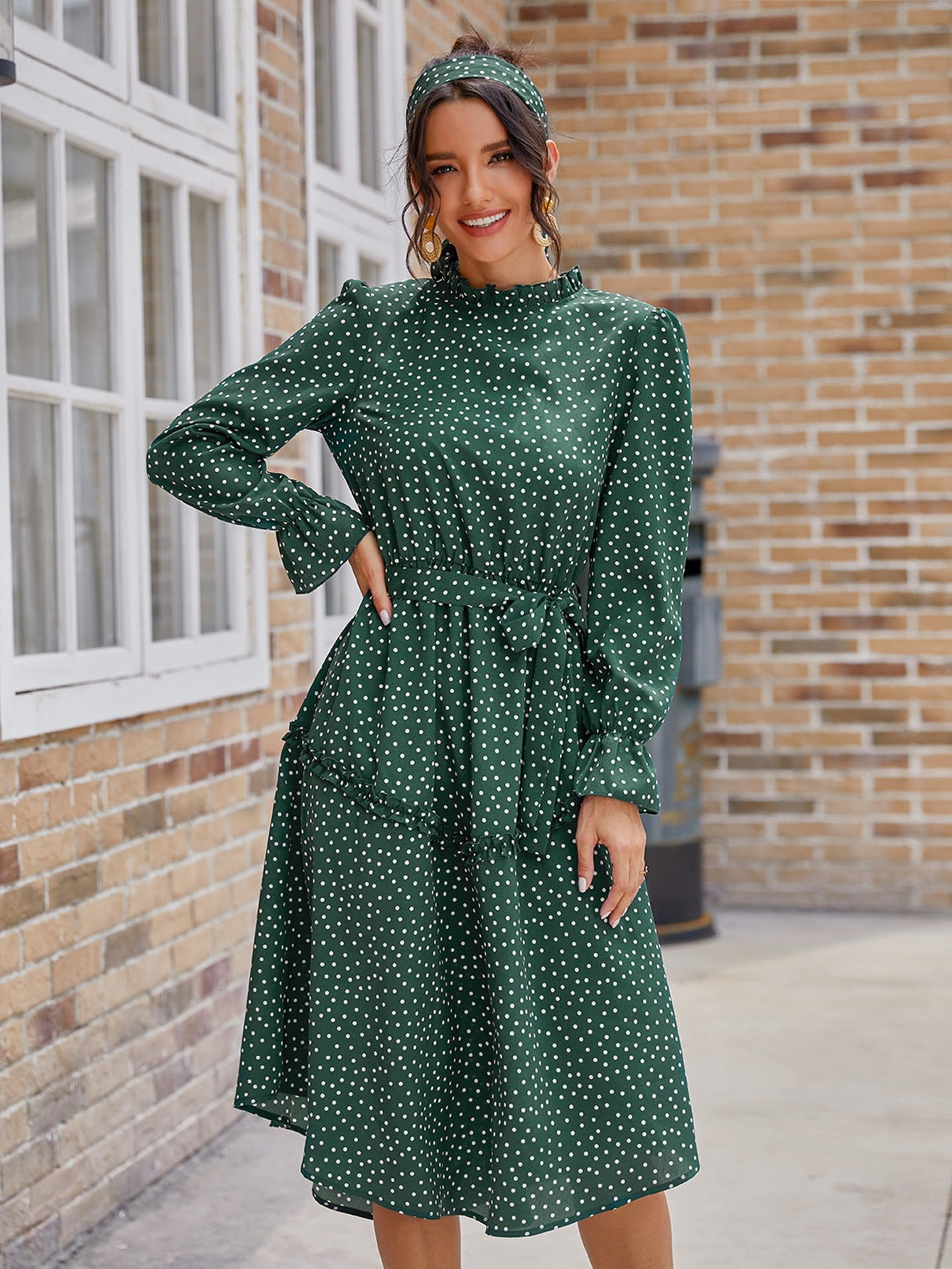 Frill Neck Polka Dot Belted Dress