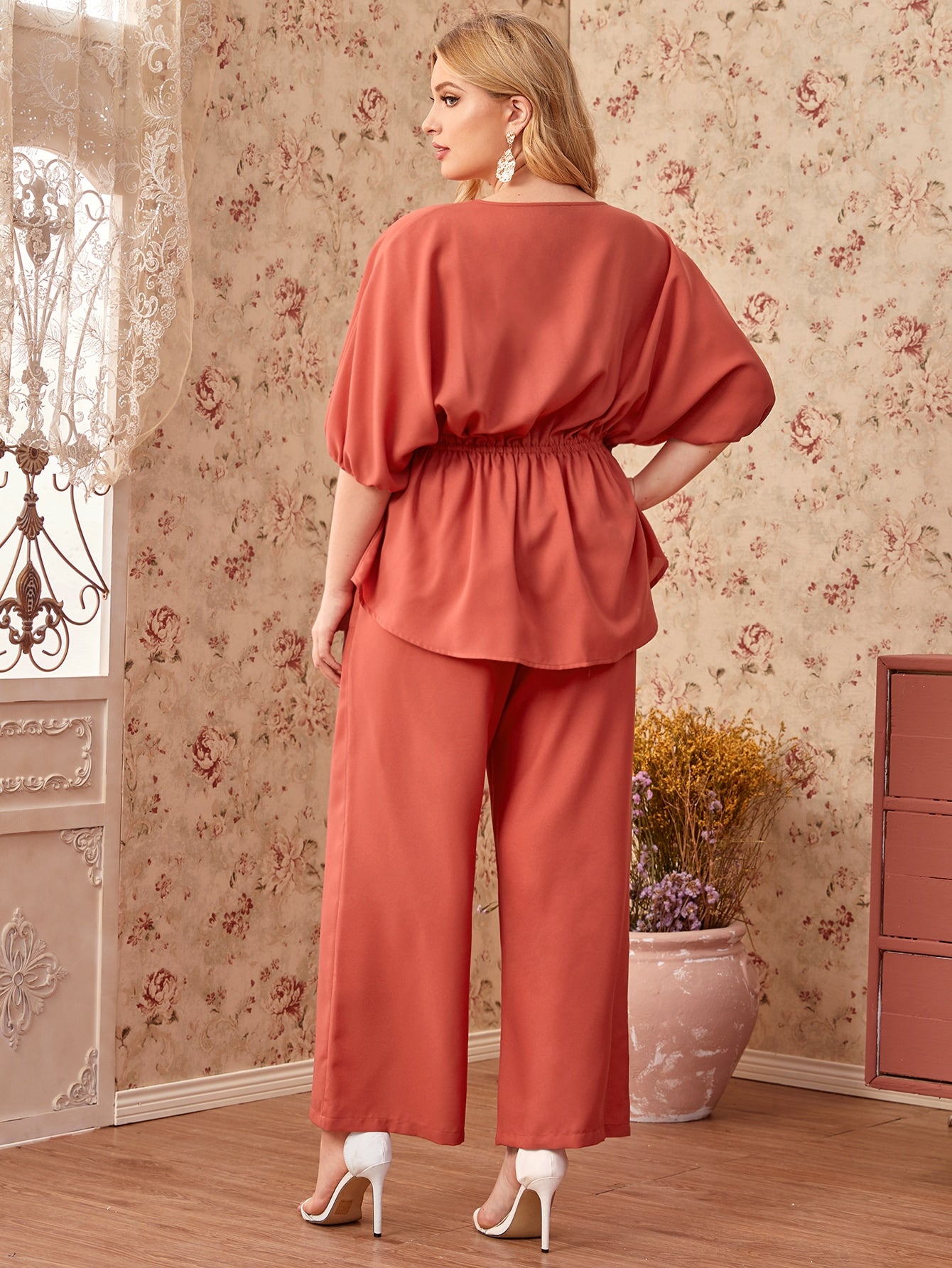 Plus Dolman Sleeve Peplum Top & Wide Leg Pants Set
