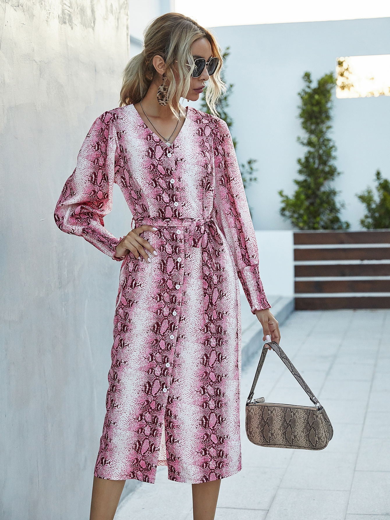 Snakeskin Button Front Self Tie Fitted Dress