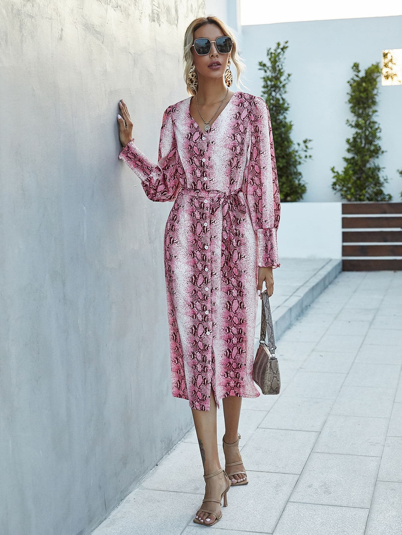 Snakeskin Button Front Self Tie Fitted Dress