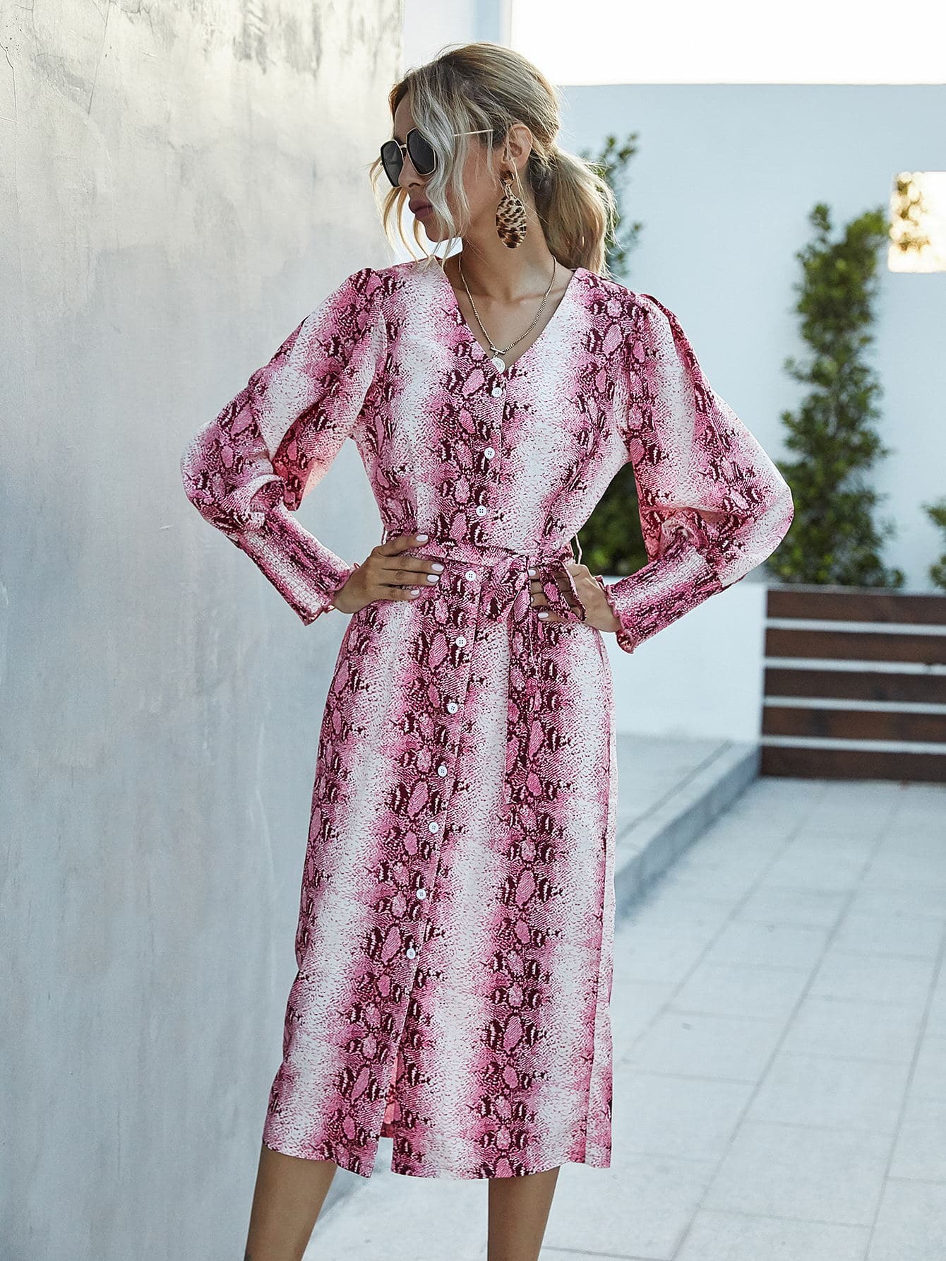 Snakeskin Button Front Self Tie Fitted Dress