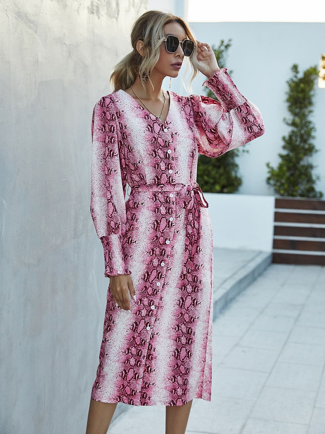 Snakeskin Button Front Self Tie Fitted Dress