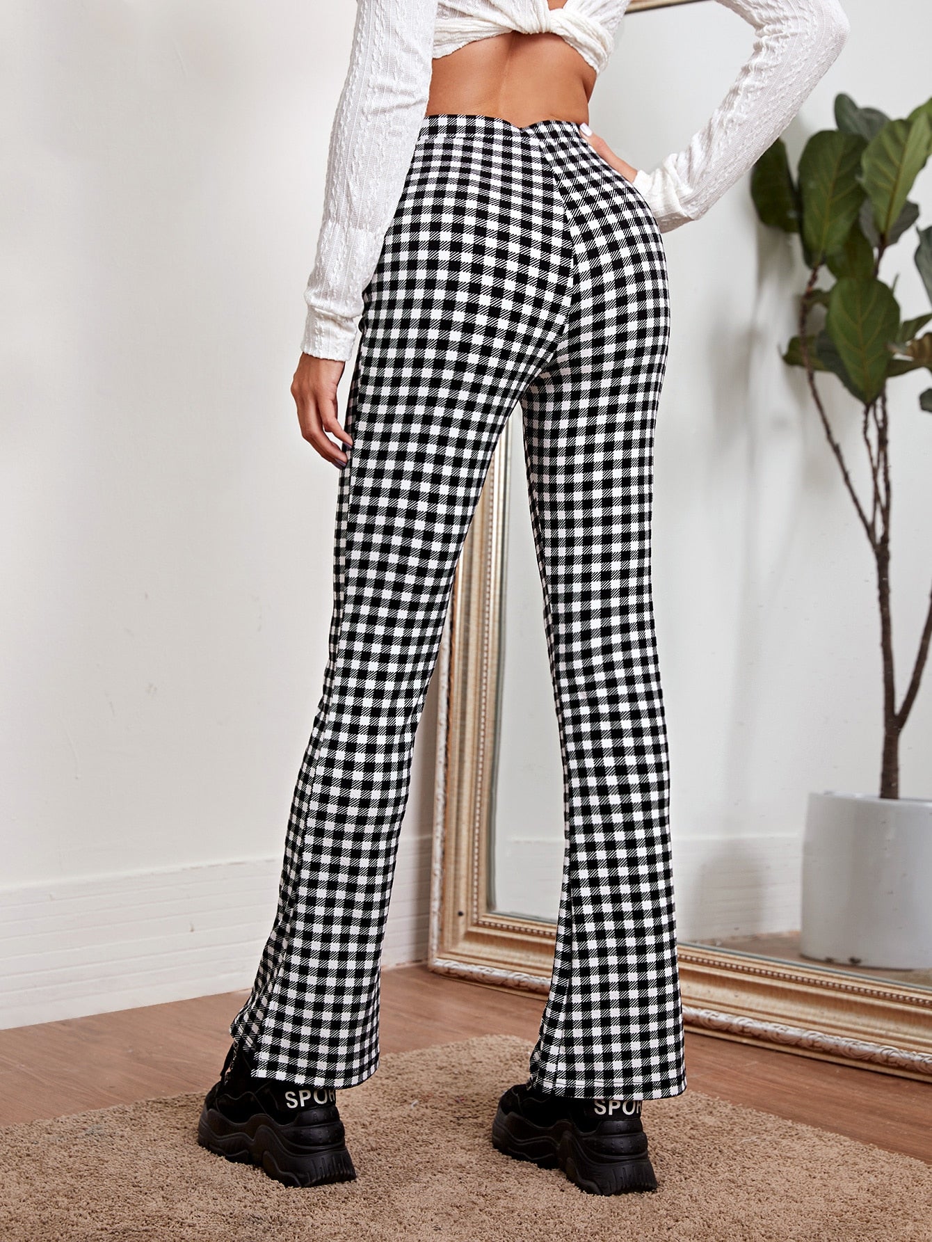 Buffalo Plaid Split Side Flare Leg Pants