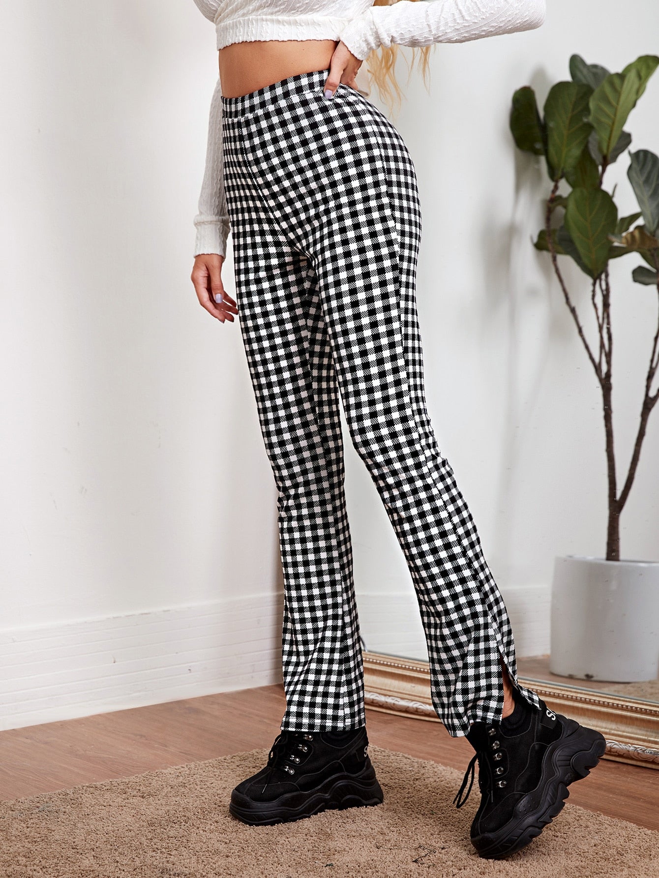 Buffalo Plaid Split Side Flare Leg Pants