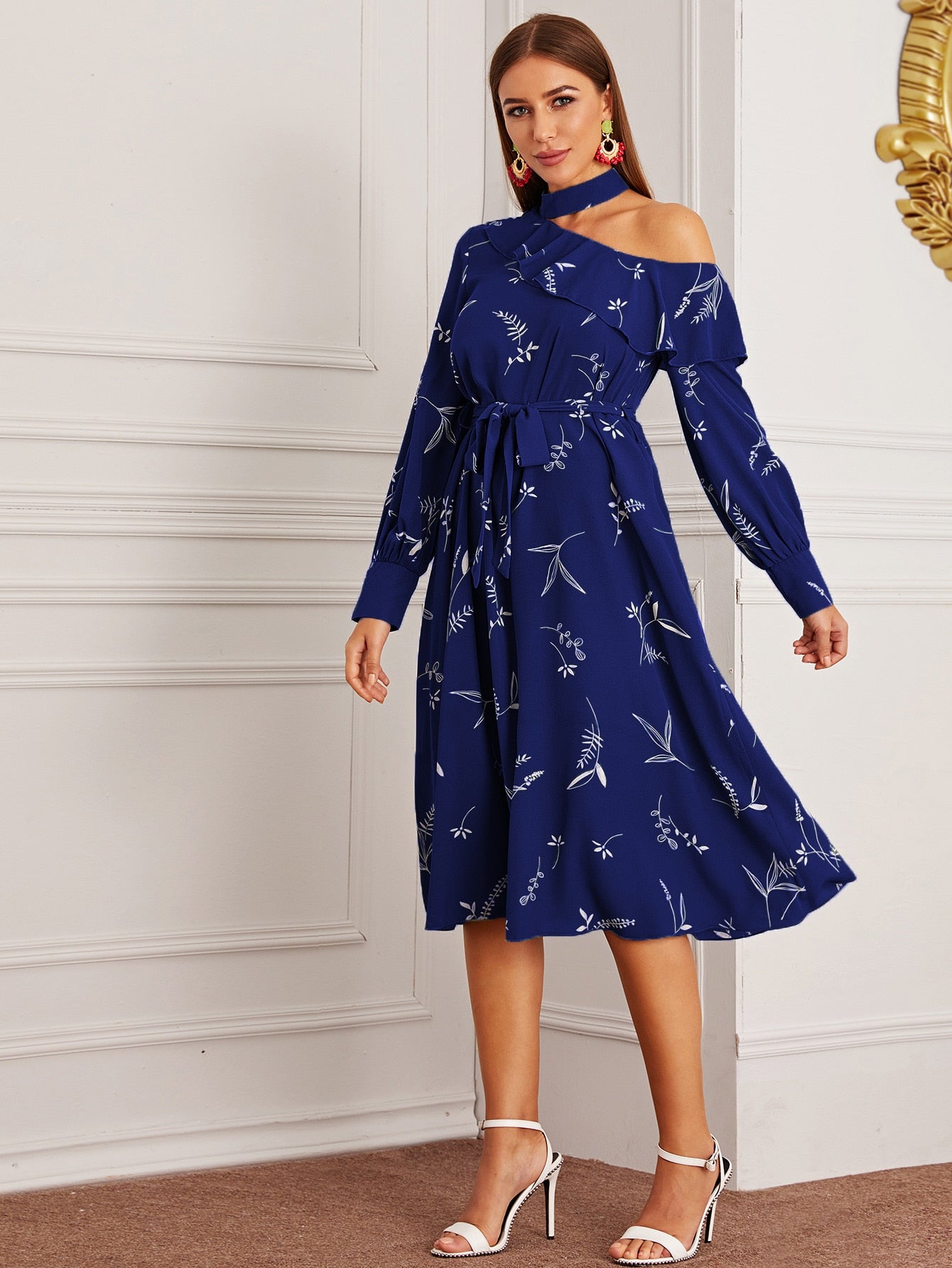Asymmetrical Neck Ruffle Trim Self Tie Plants Print Dress