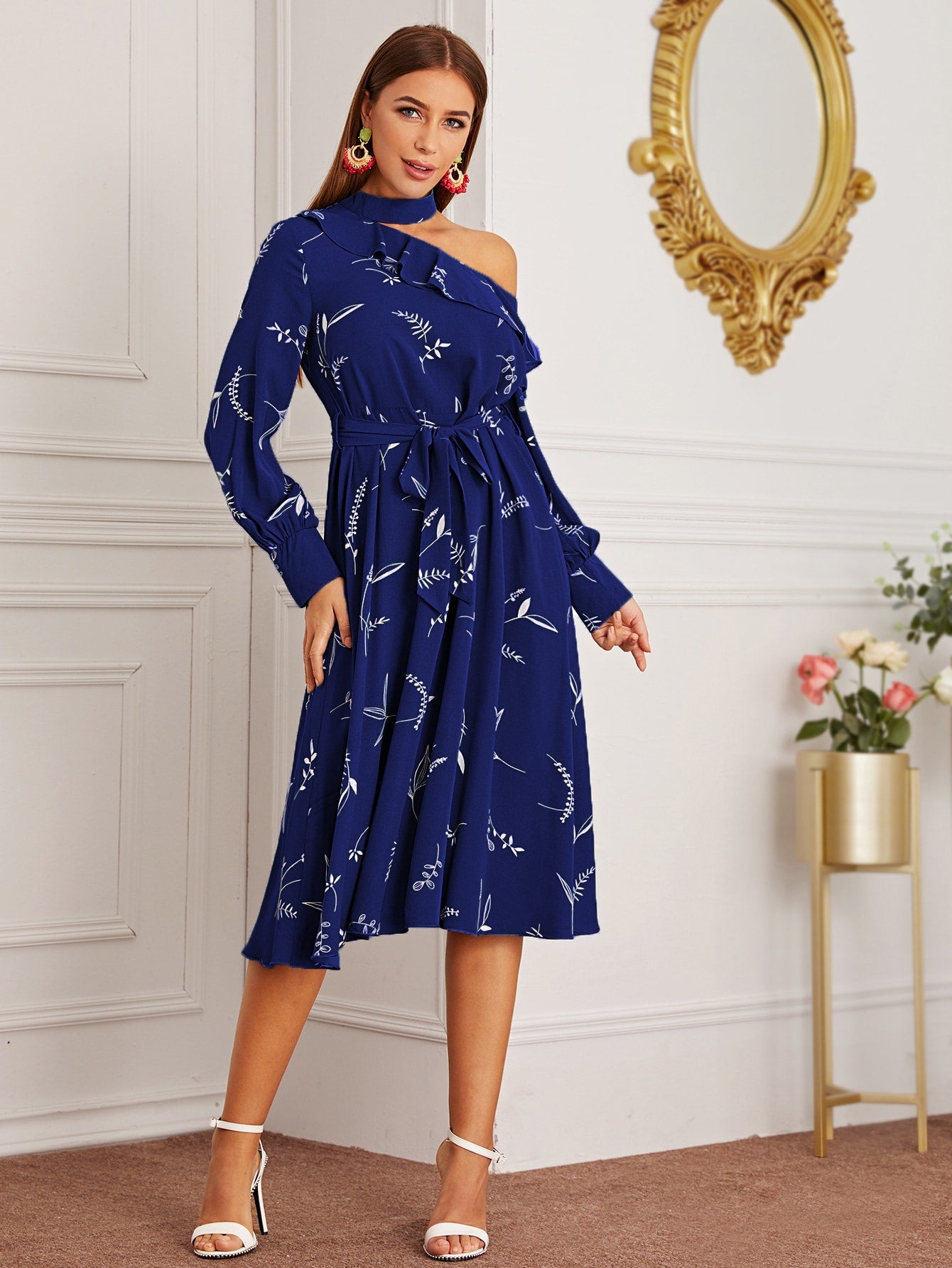 Asymmetrical Neck Ruffle Trim Self Tie Plants Print Dress