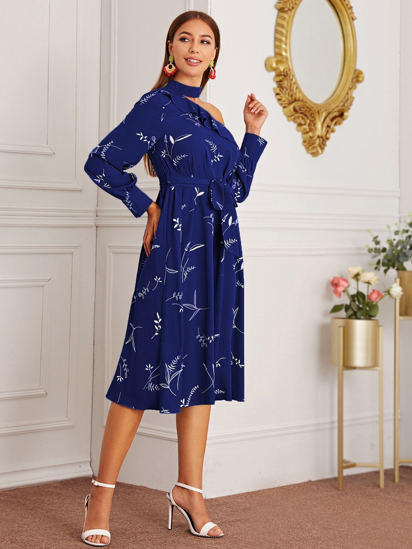 Asymmetrical Neck Ruffle Trim Self Tie Plants Print Dress