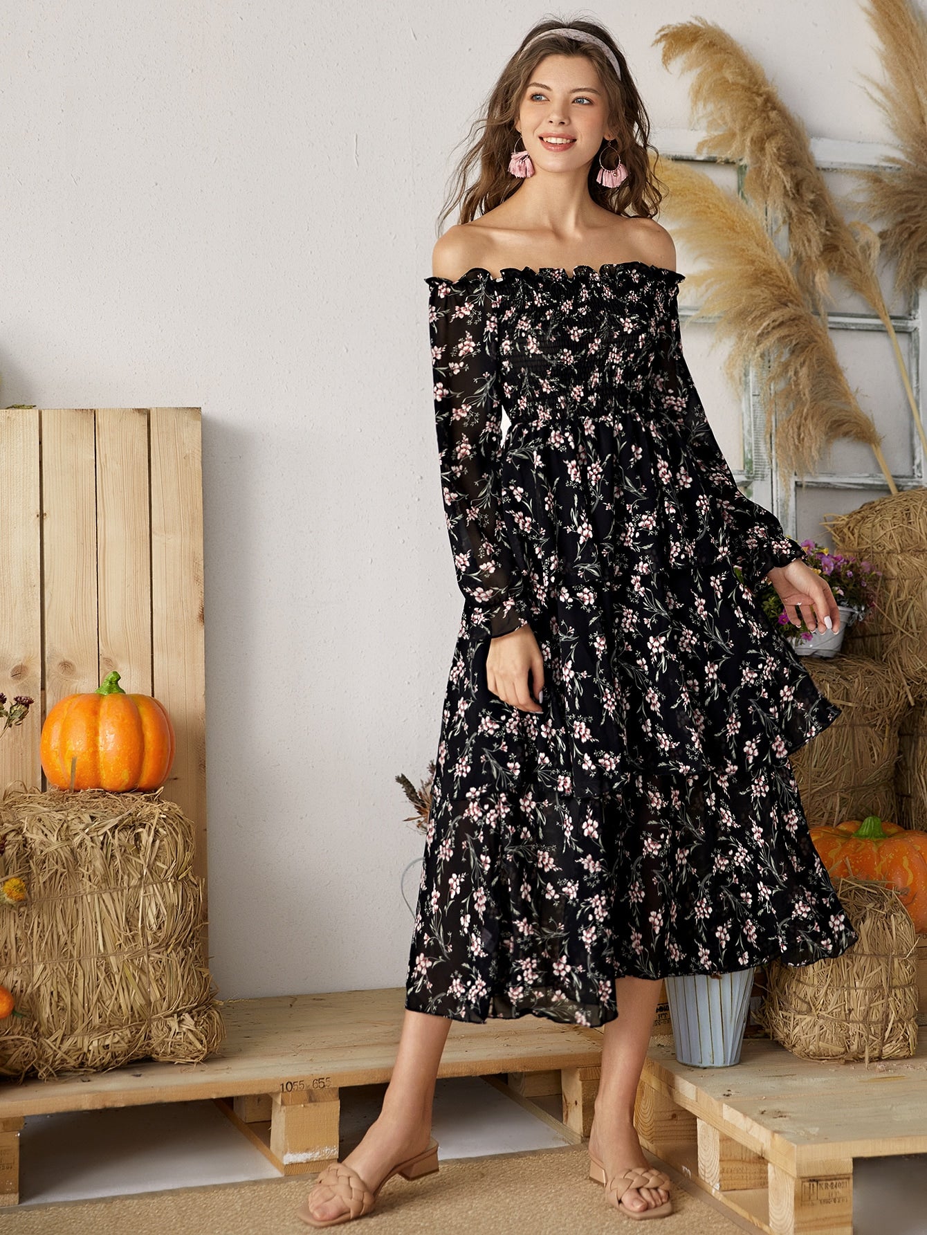 Off-the-shoulder Allover Floral Frill Dress