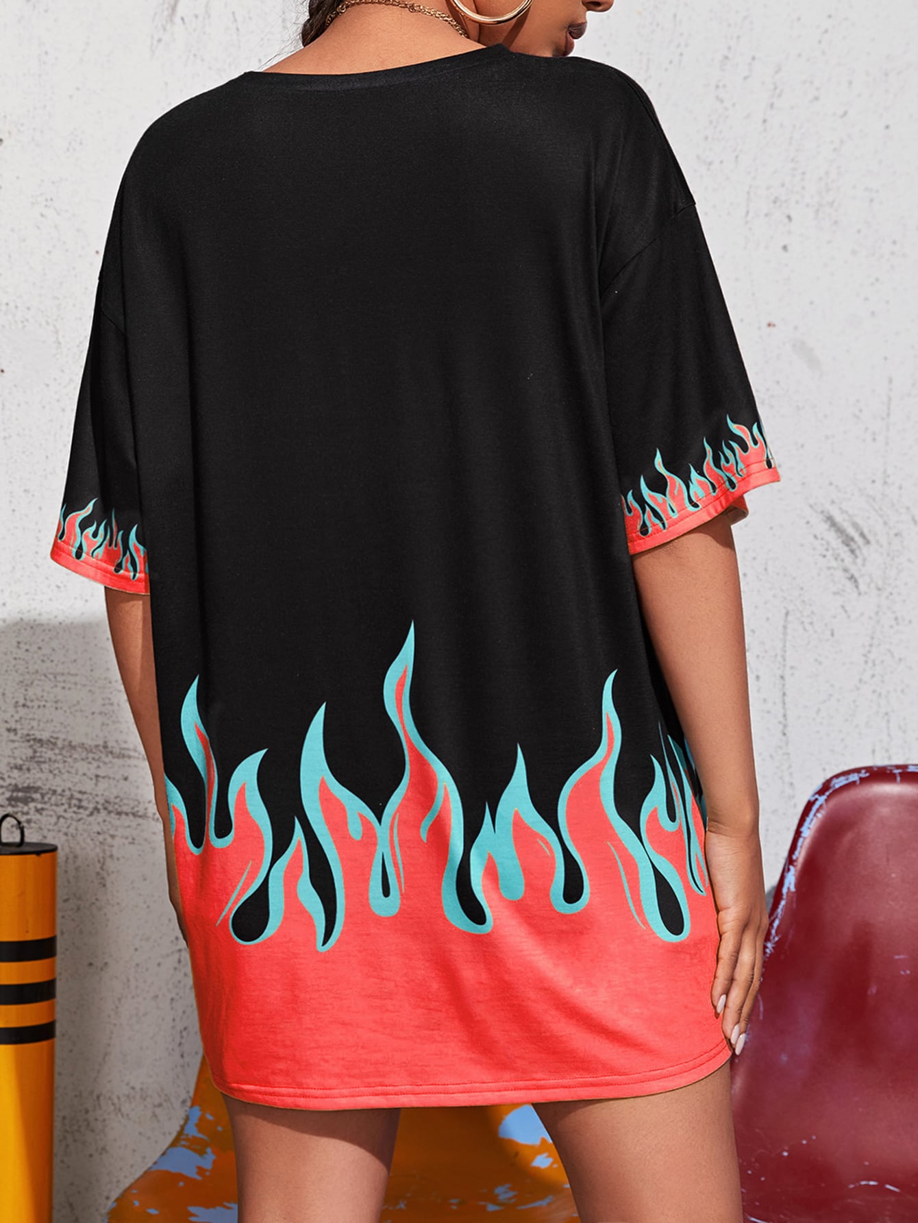 Drop Shoulder Fire Print Oversized Tee